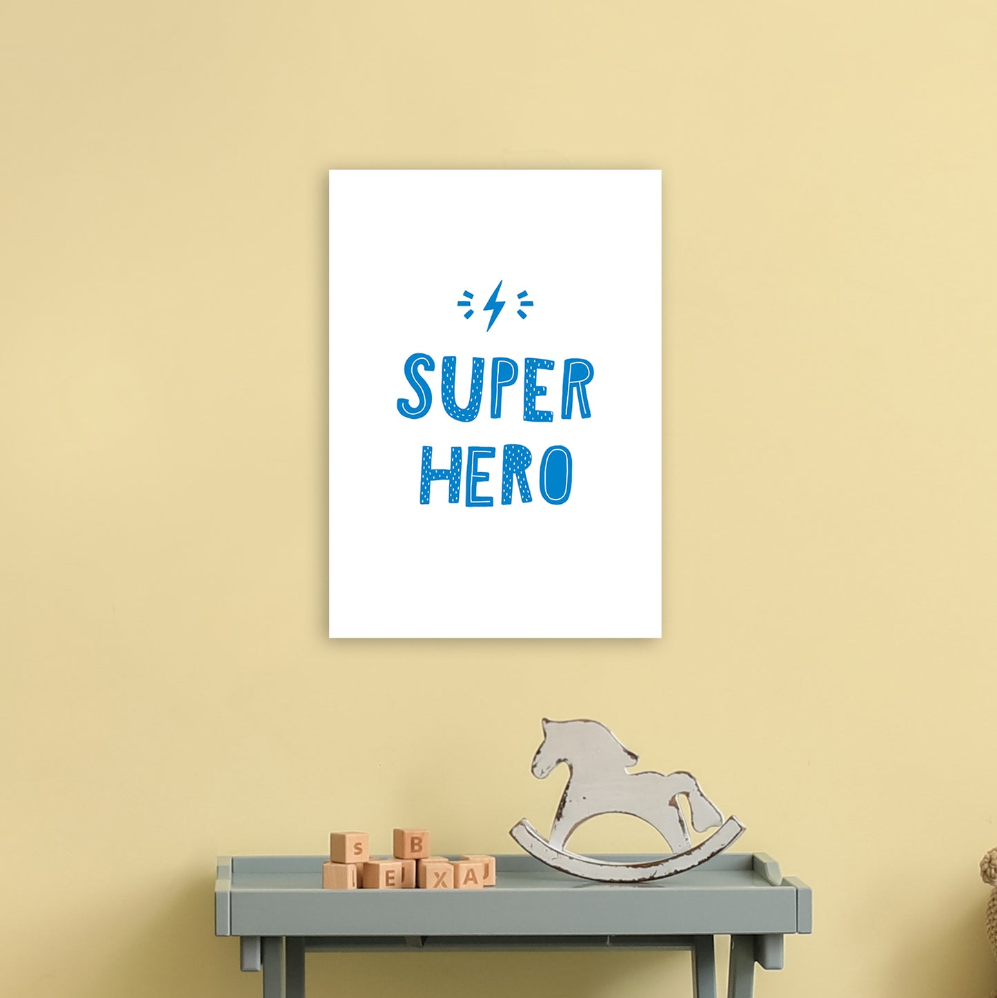 Super Hero Blue Super Scandi Art Print by Pixy Paper A3 Black Frame