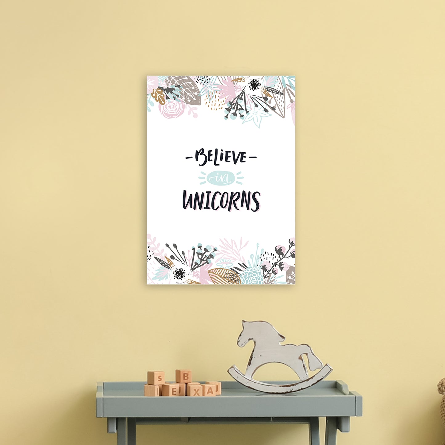 Believe In Unicorns Floral Art Print by Pixy Paper A3 Black Frame