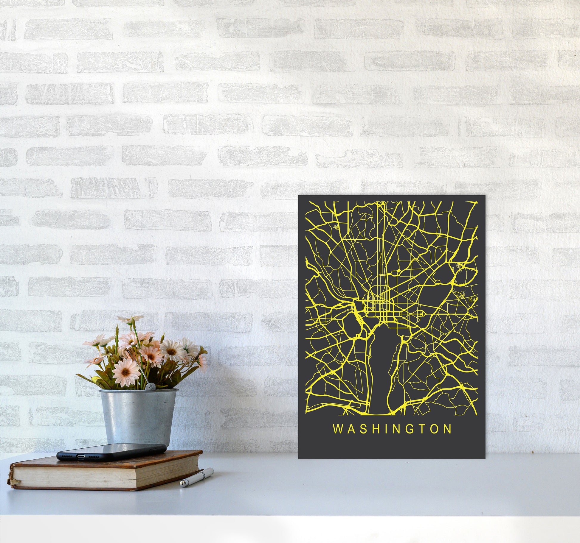 Washington Map Neon Art Print by Pixy Paper A3 Black Frame