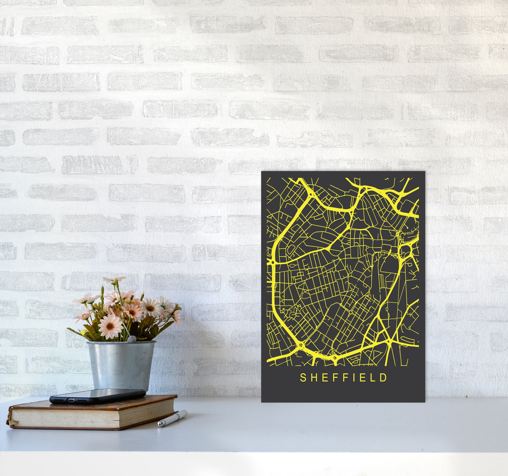 Sheffield Map Neon Art Print by Pixy Paper A3 Black Frame