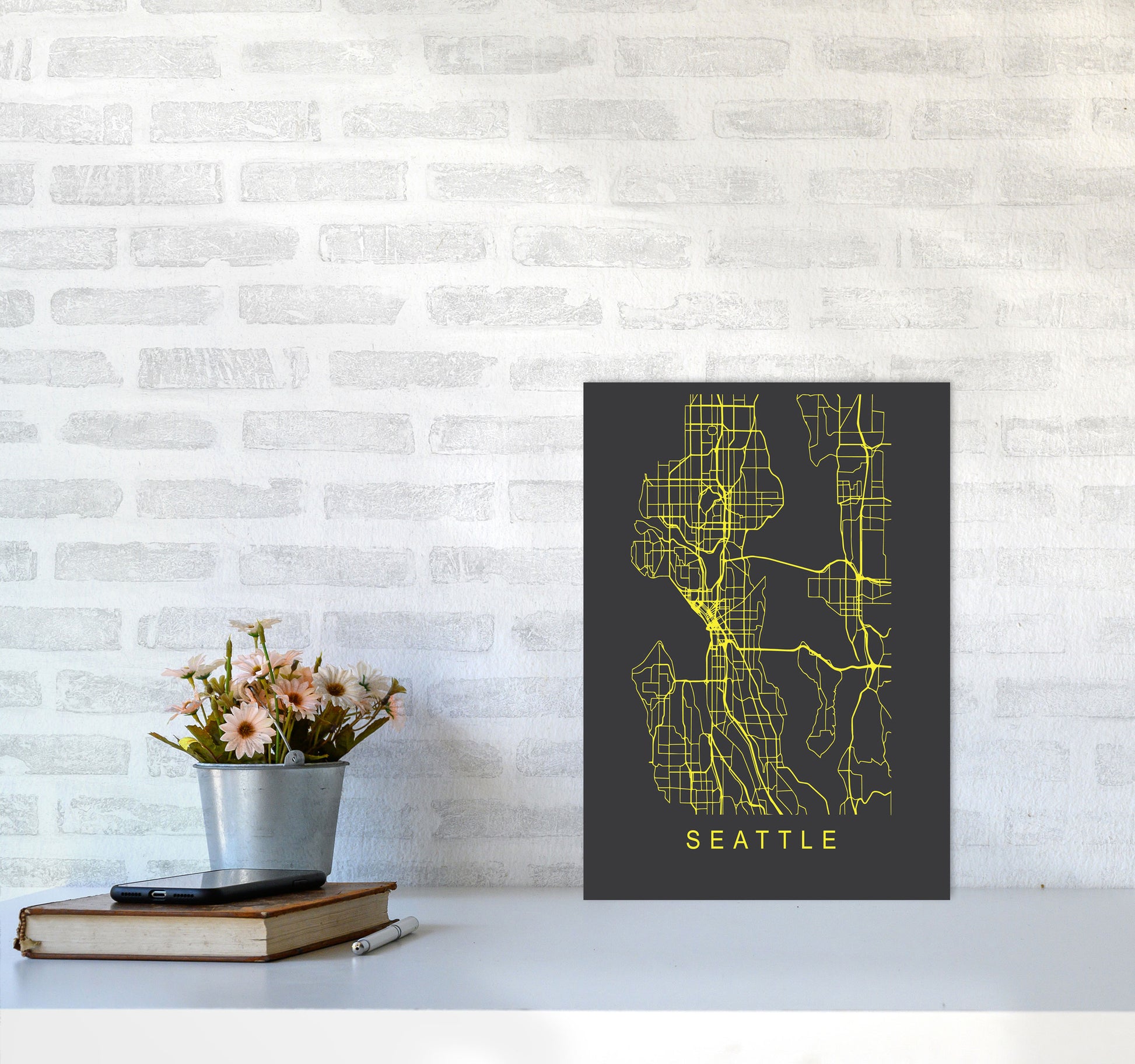 Seattle Map Neon Art Print by Pixy Paper A3 Black Frame