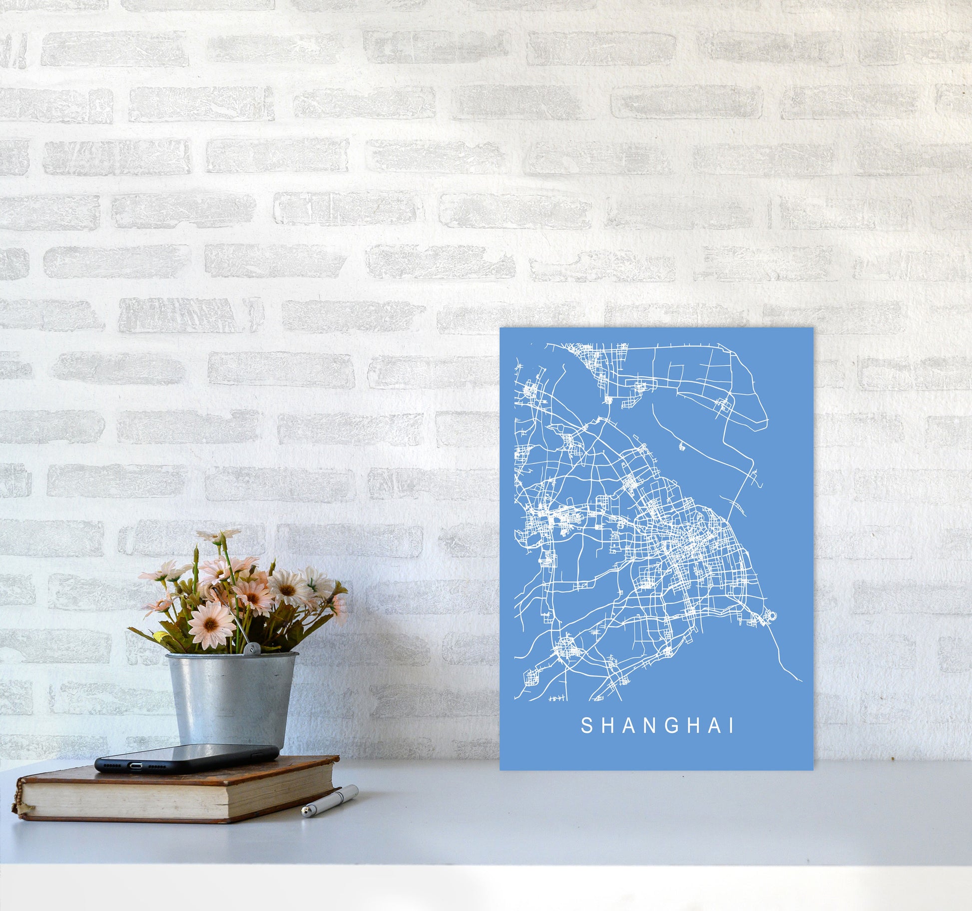 Shanghai Map Blueprint Art Print by Pixy Paper A3 Black Frame