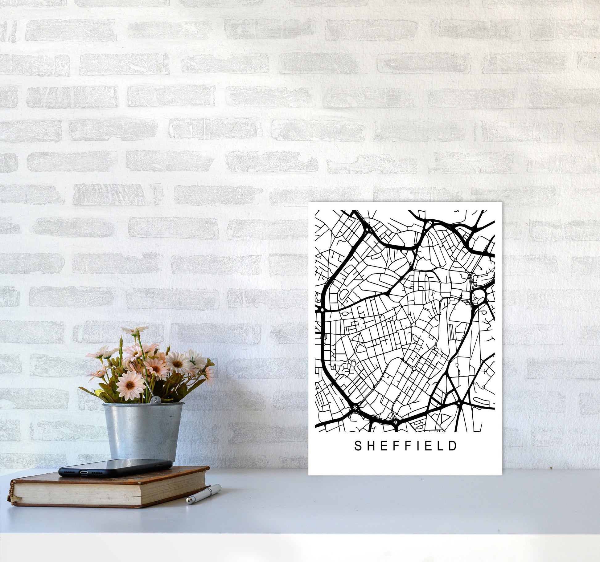 Sheffield Map Art Print by Pixy Paper A3 Black Frame