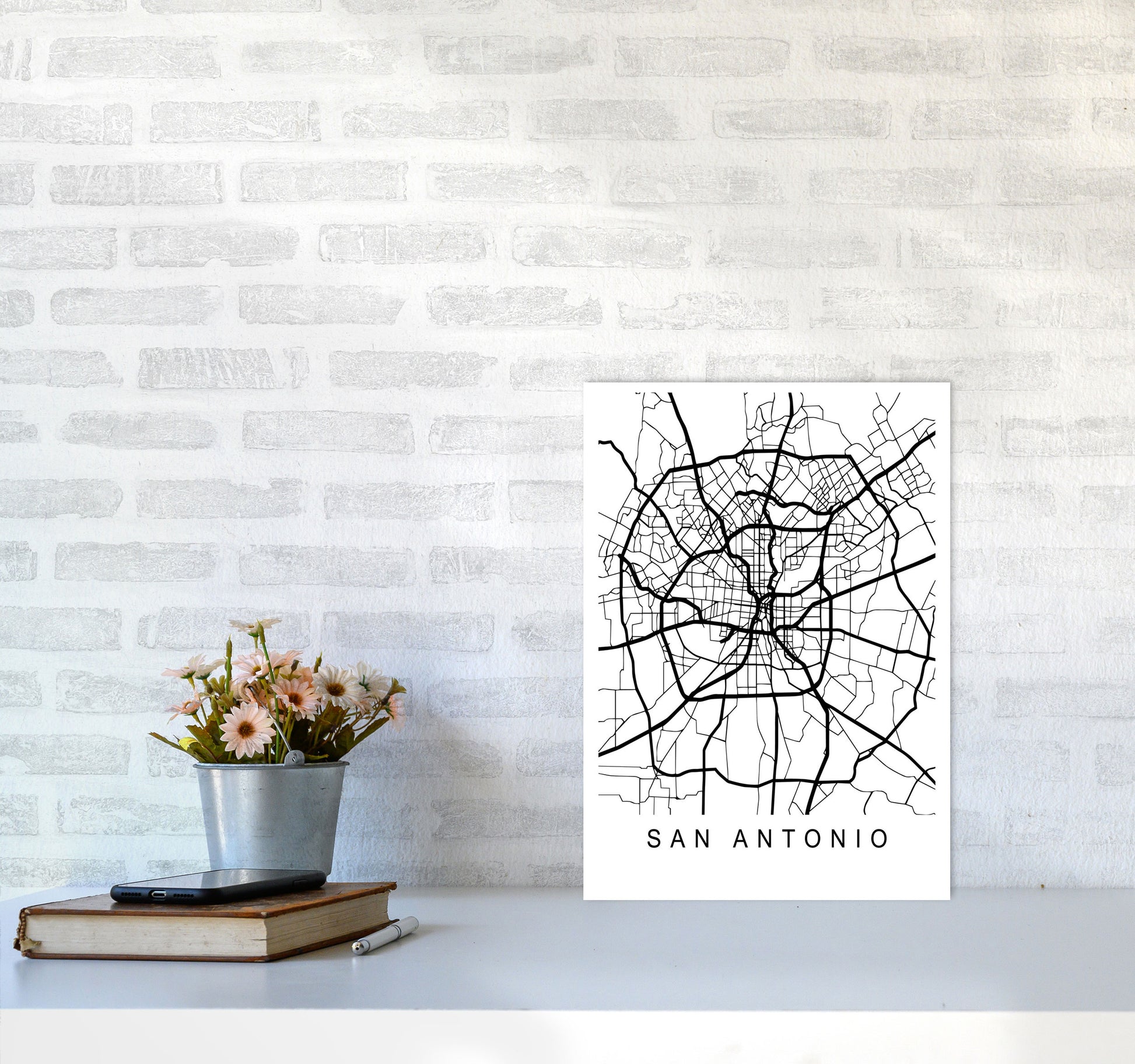 San Antonio Map Art Print by Pixy Paper A3 Black Frame