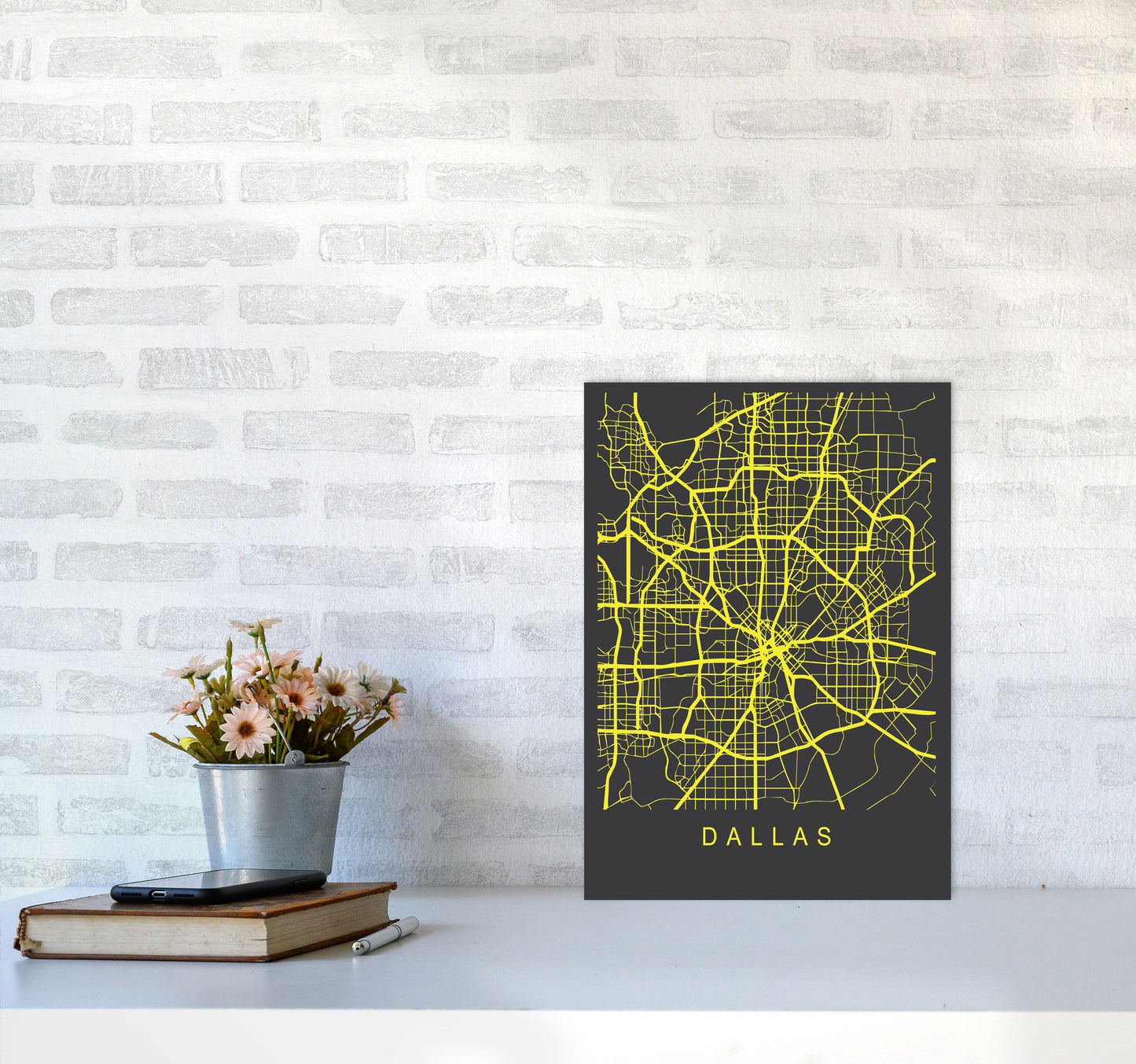 Dallas Map Neon Art Print by Pixy Paper A3 Black Frame