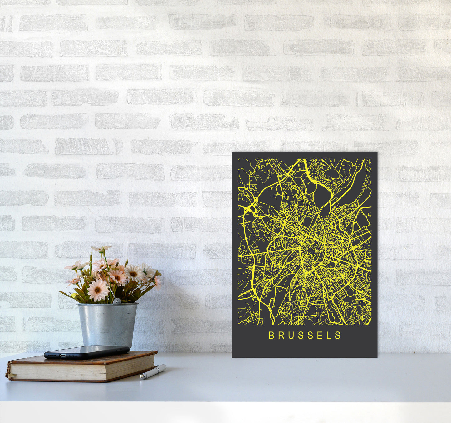 Brussels Map Neon Art Print by Pixy Paper A3 Black Frame