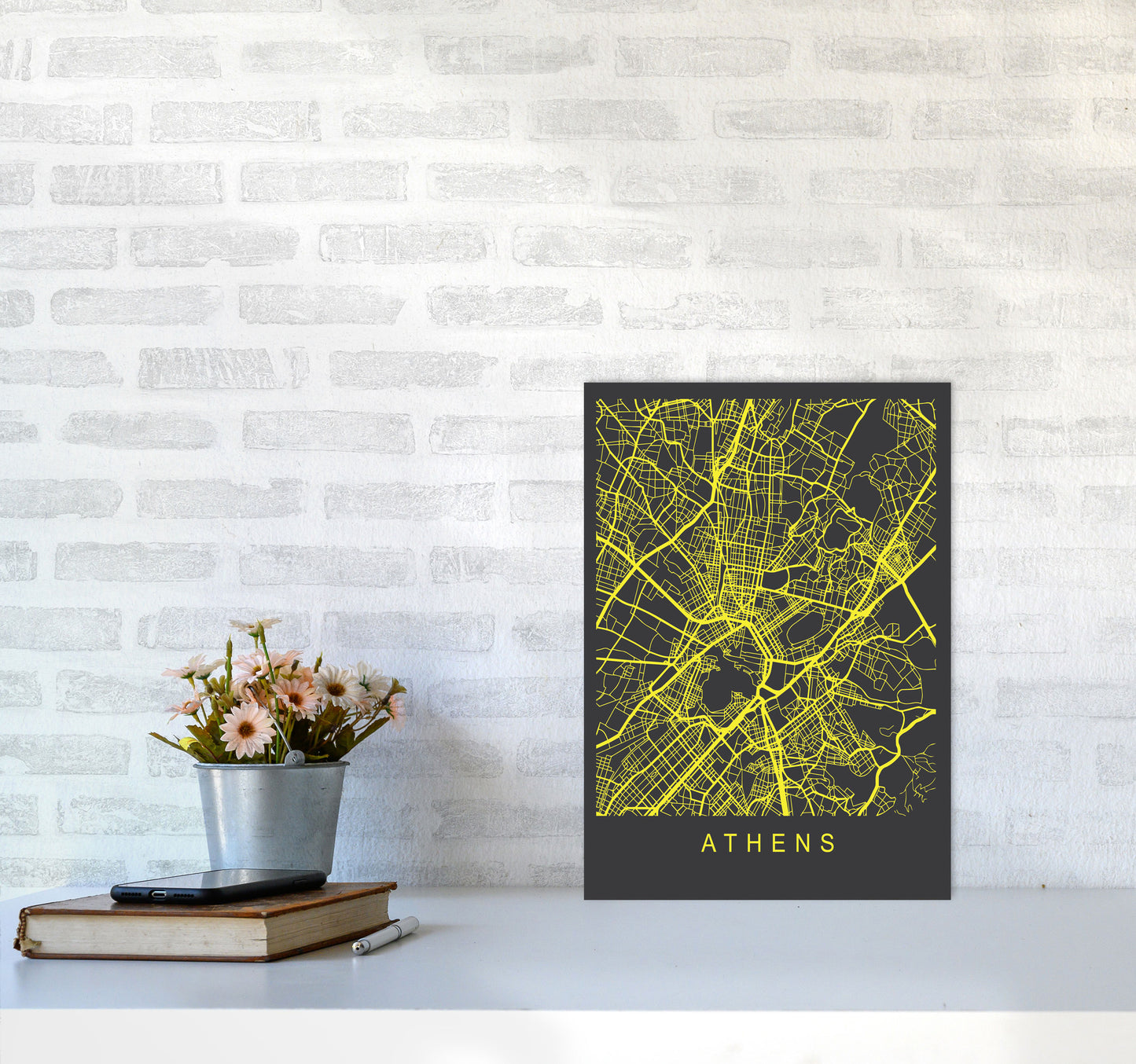 Athens Map Neon Art Print by Pixy Paper A3 Black Frame