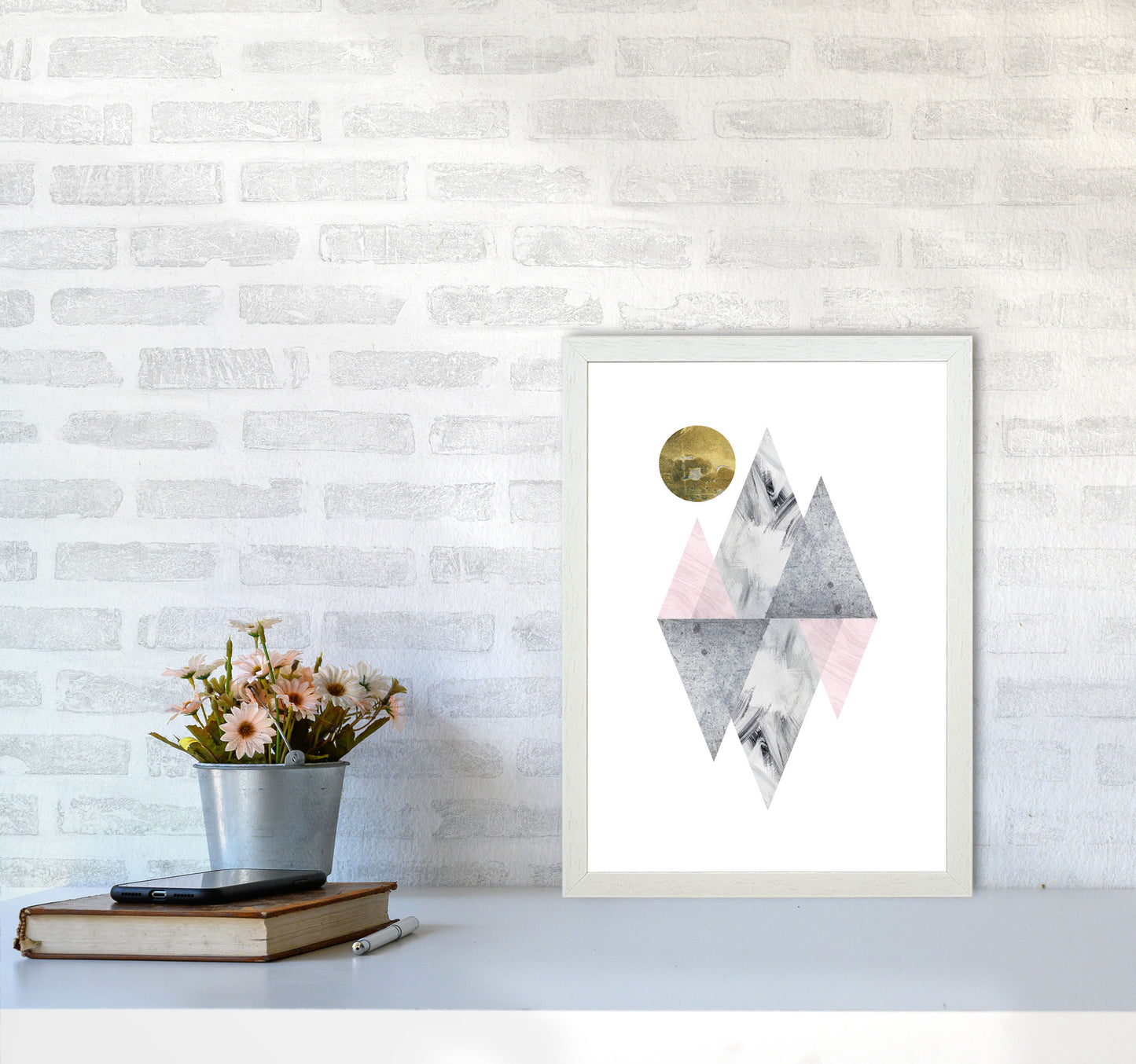 Pink And Grey Diamonds With Gold Moon Abstract Modern Print A3 Oak Frame