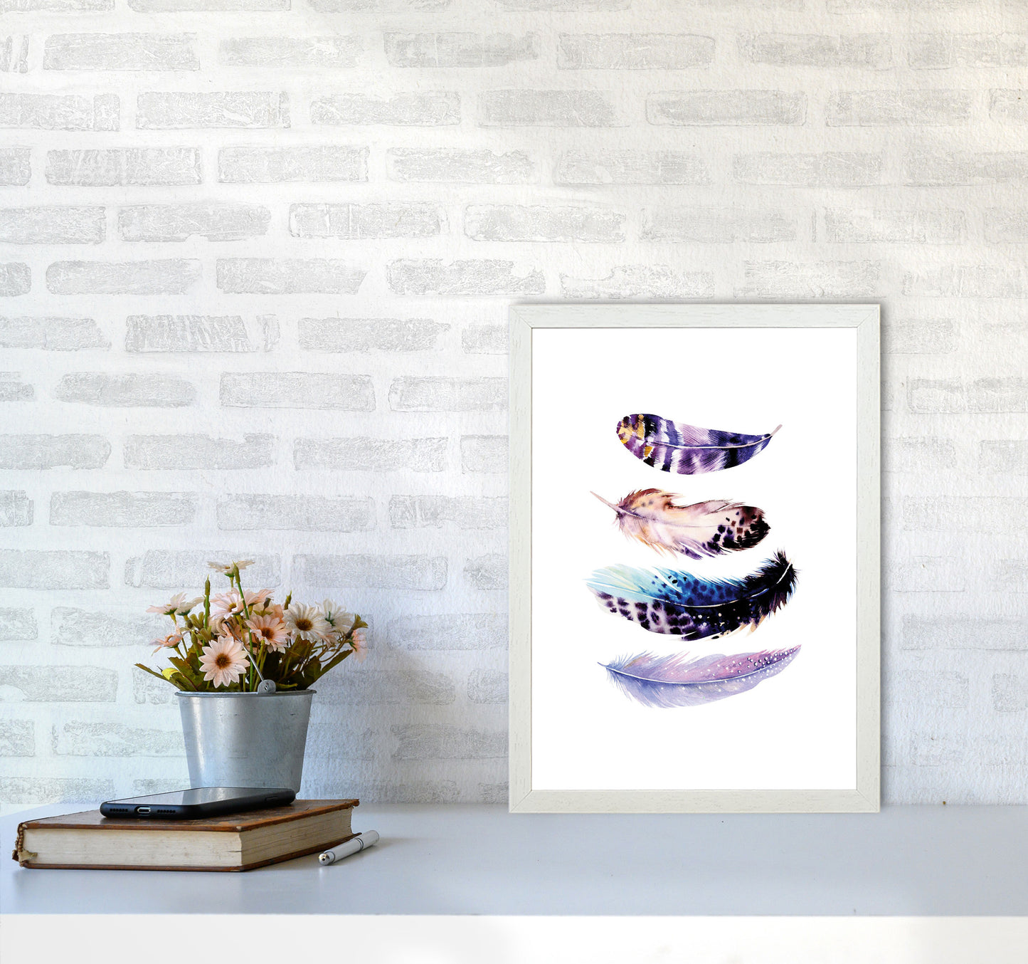 Purple Bird Feathers Abstract Modern Print A3 Oak Frame