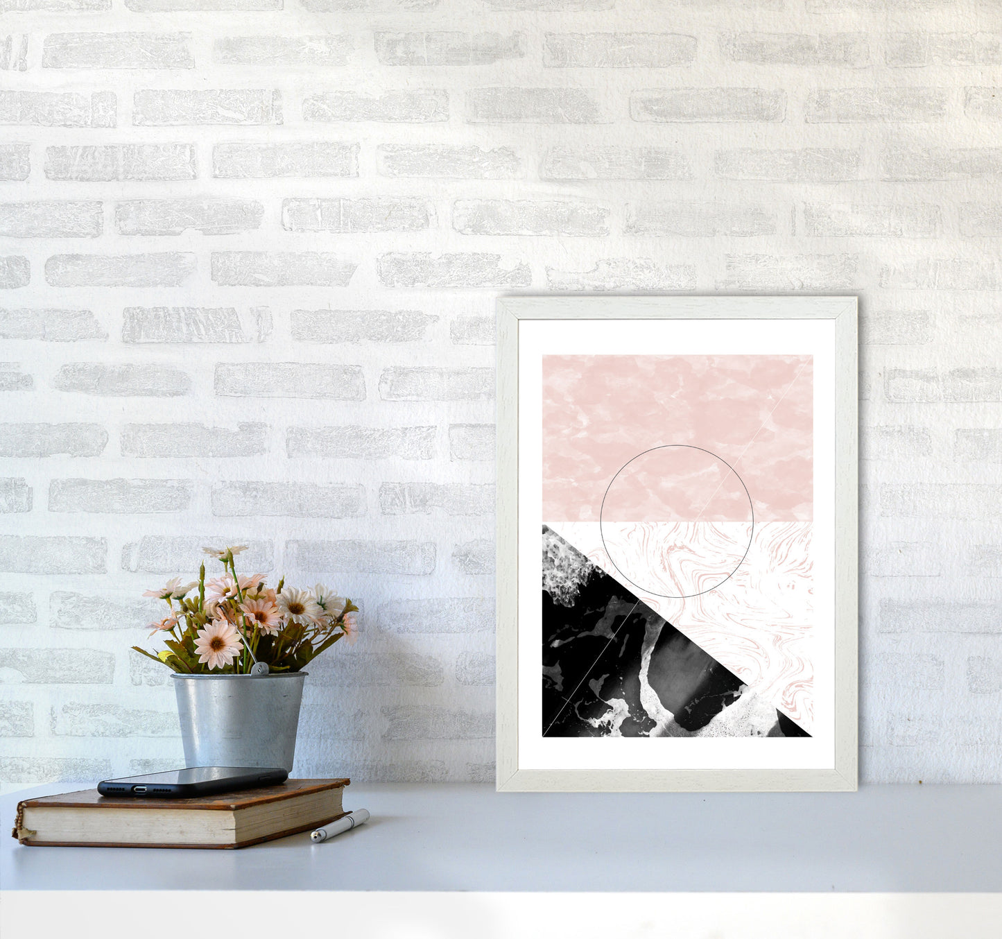 Black And Pink Marble Abstract Rectangle Shapes Modern Print A3 Oak Frame