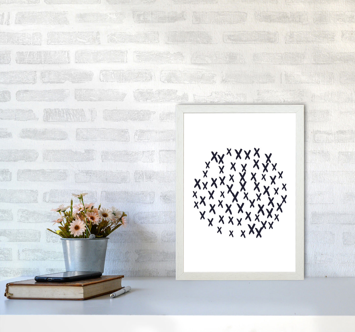 Black Crosses Circle Abstract Modern Print A3 Oak Frame