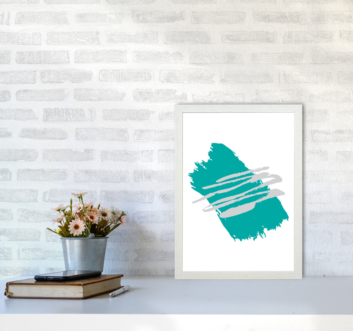 Teal Jaggered Paint Brush Abstract Modern Print A3 Oak Frame