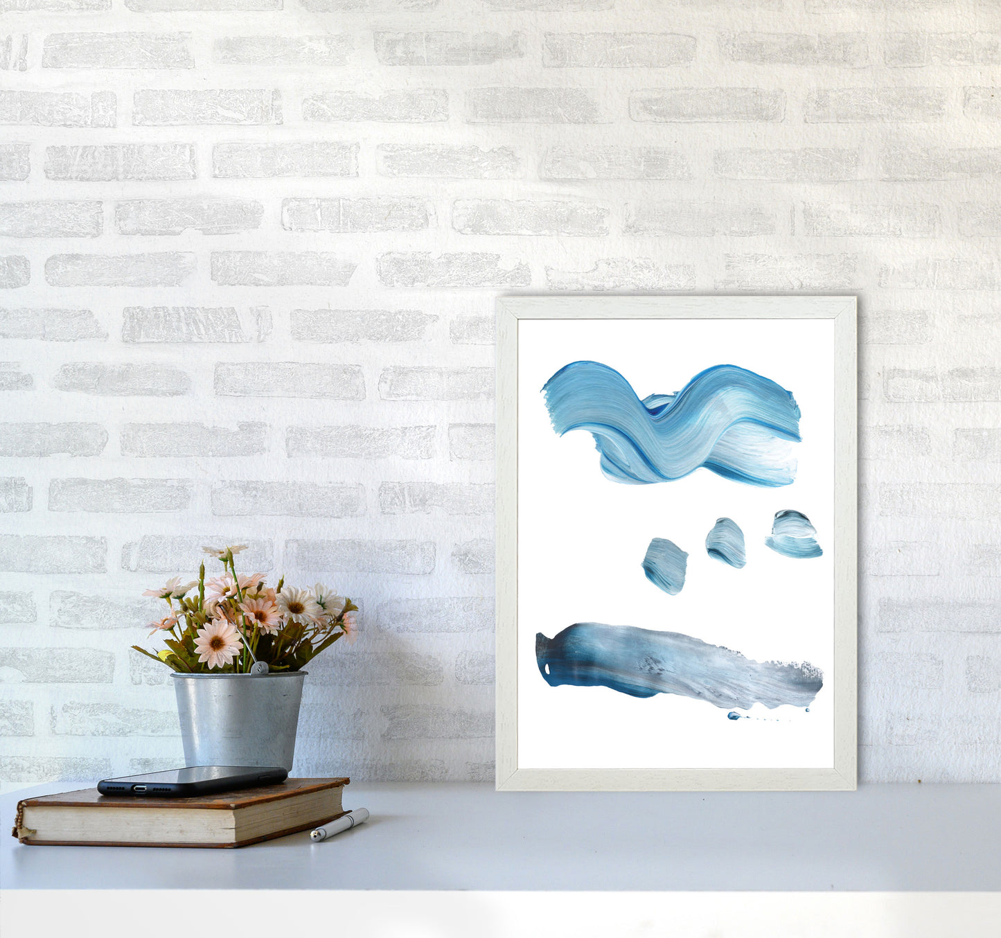 Light Blue Abstract Paint Strokes Modern Print A3 Oak Frame