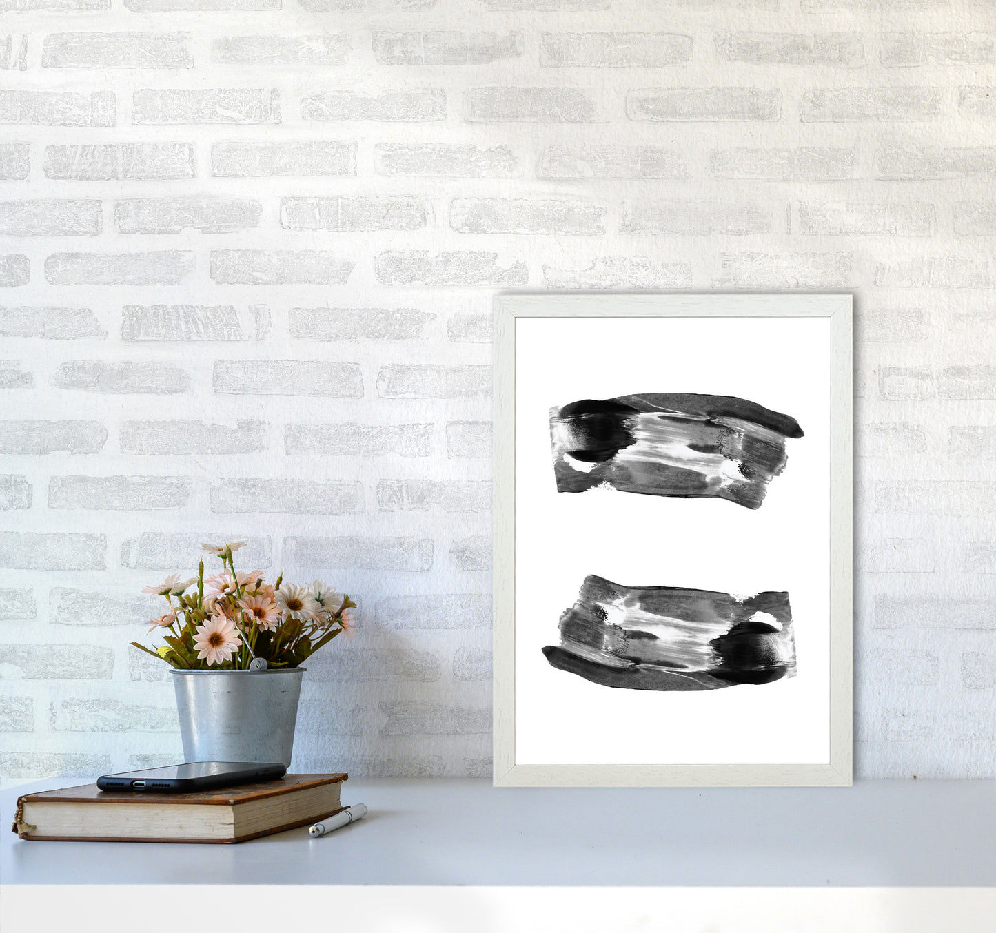 Black Abstract Paint Strokes Modern Print A3 Oak Frame