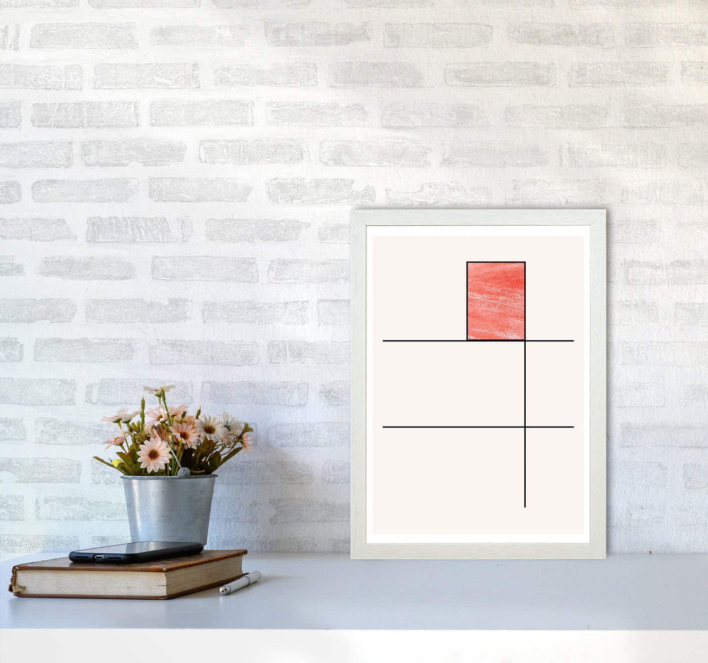 Abstract Red Crayon Geo 2 Modern Print A3 Oak Frame