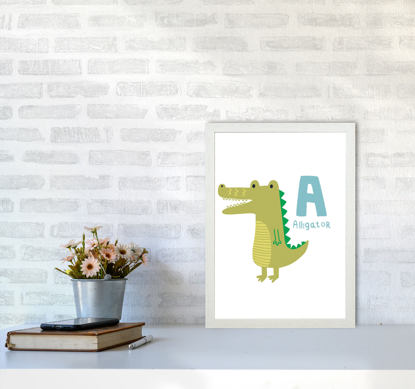 Alphabet Animals, A Is For Alligator Framed Nursey Wall Art Print A3 Oak Frame
