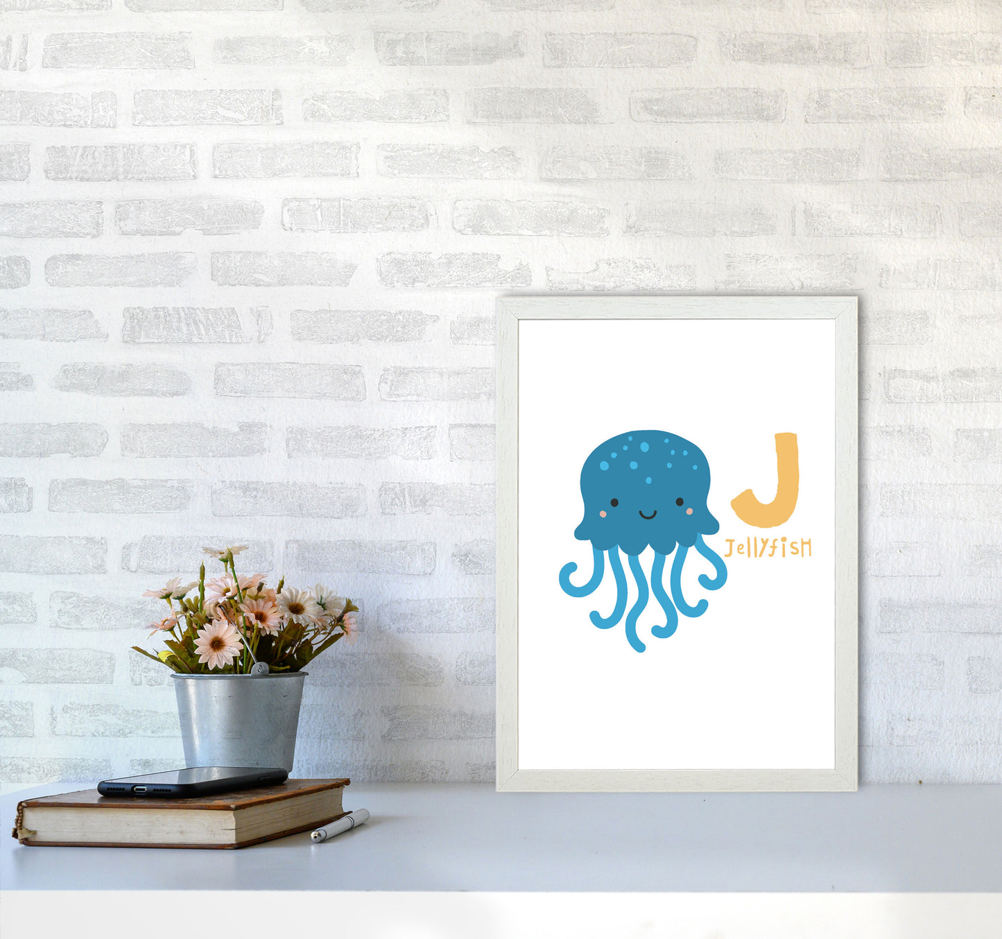 Alphabet Animals, J Is For Jellyfish Framed Nursey Wall Art Print A3 Oak Frame