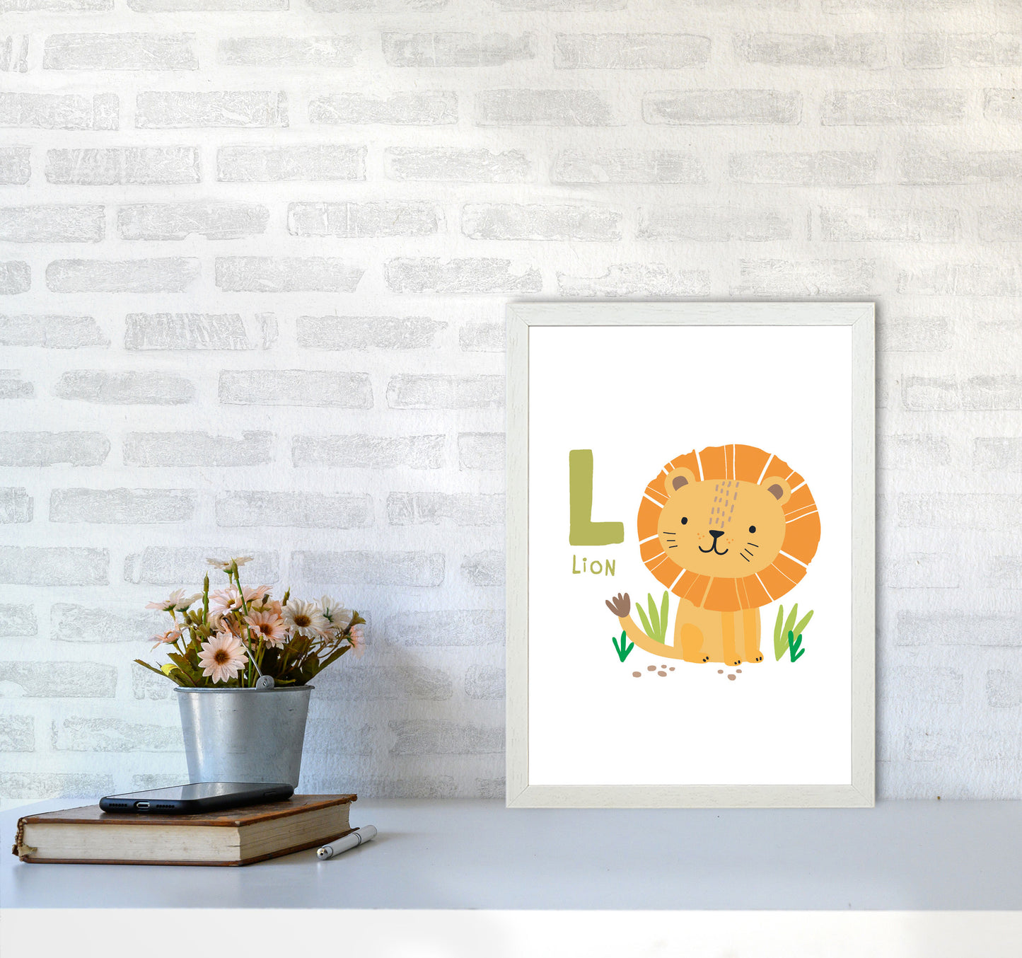 Alphabet Animals, L Is For Lion Framed Nursey Wall Art Print A3 Oak Frame