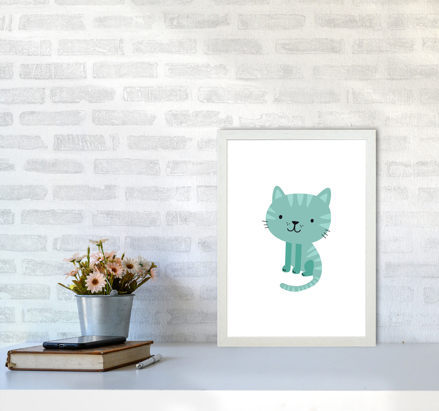 Children's Animals, Cat Modern Print A3 Oak Frame
