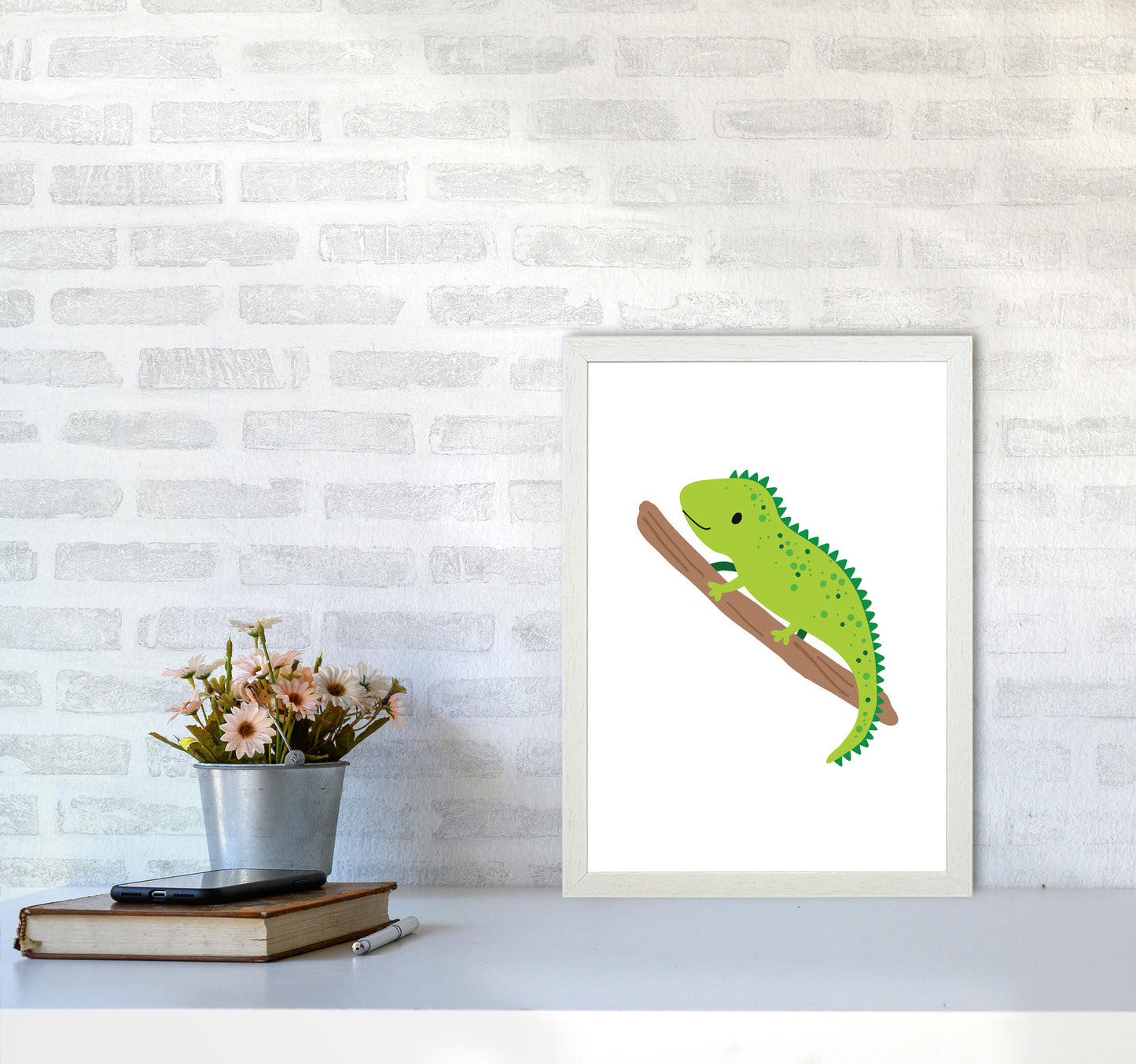 Children's Animals, Iguana Modern Print A3 Oak Frame