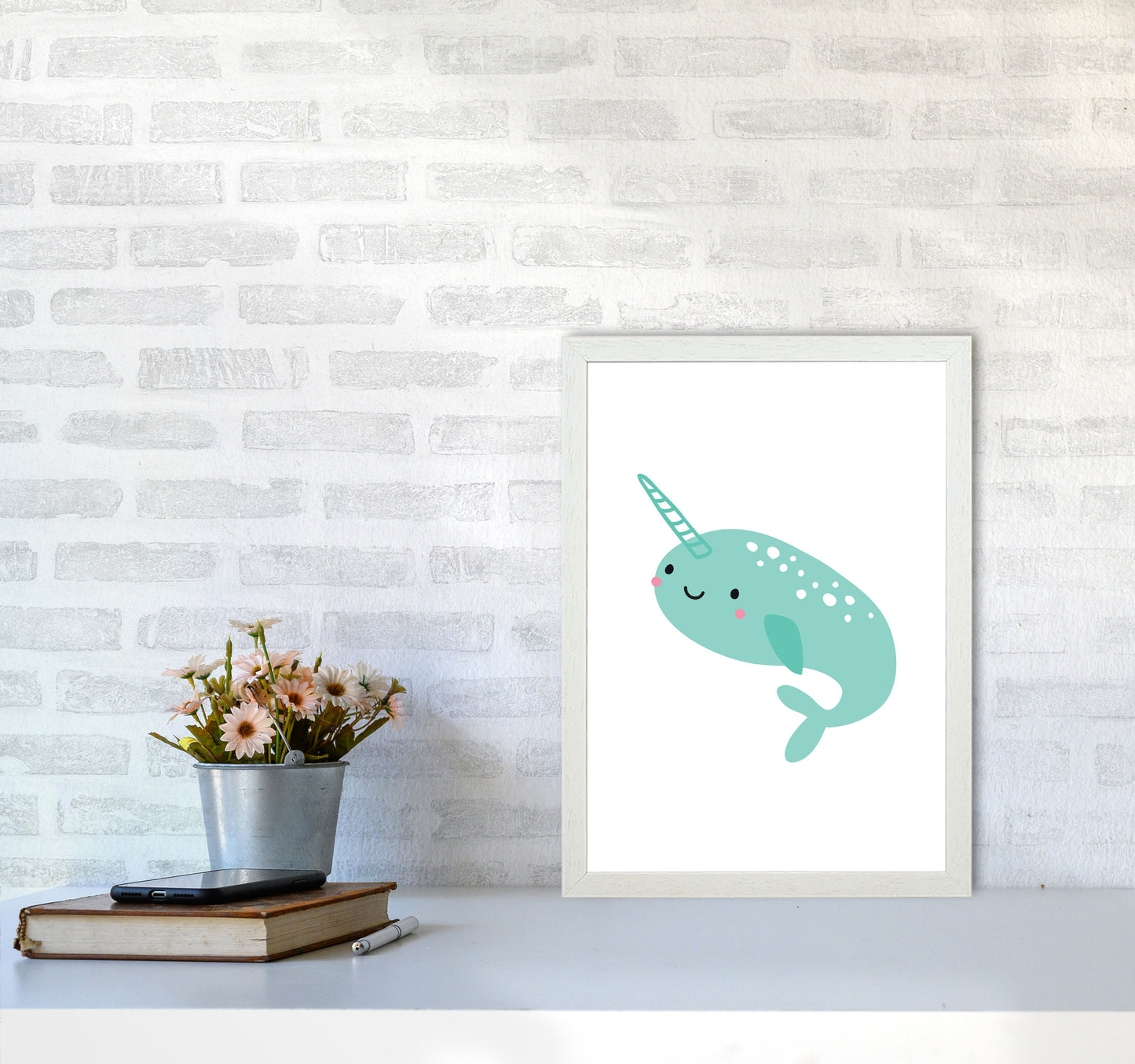 Children's Animals, Narwhal Modern Print A3 Oak Frame