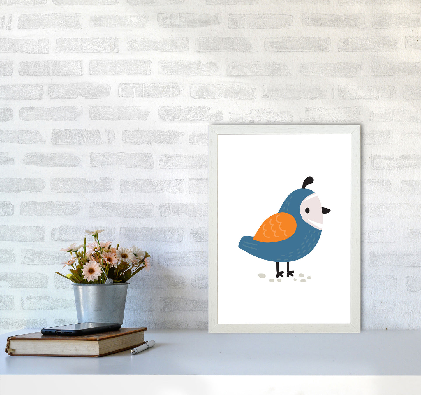 Children's Animals, Quail Modern Print A3 Oak Frame