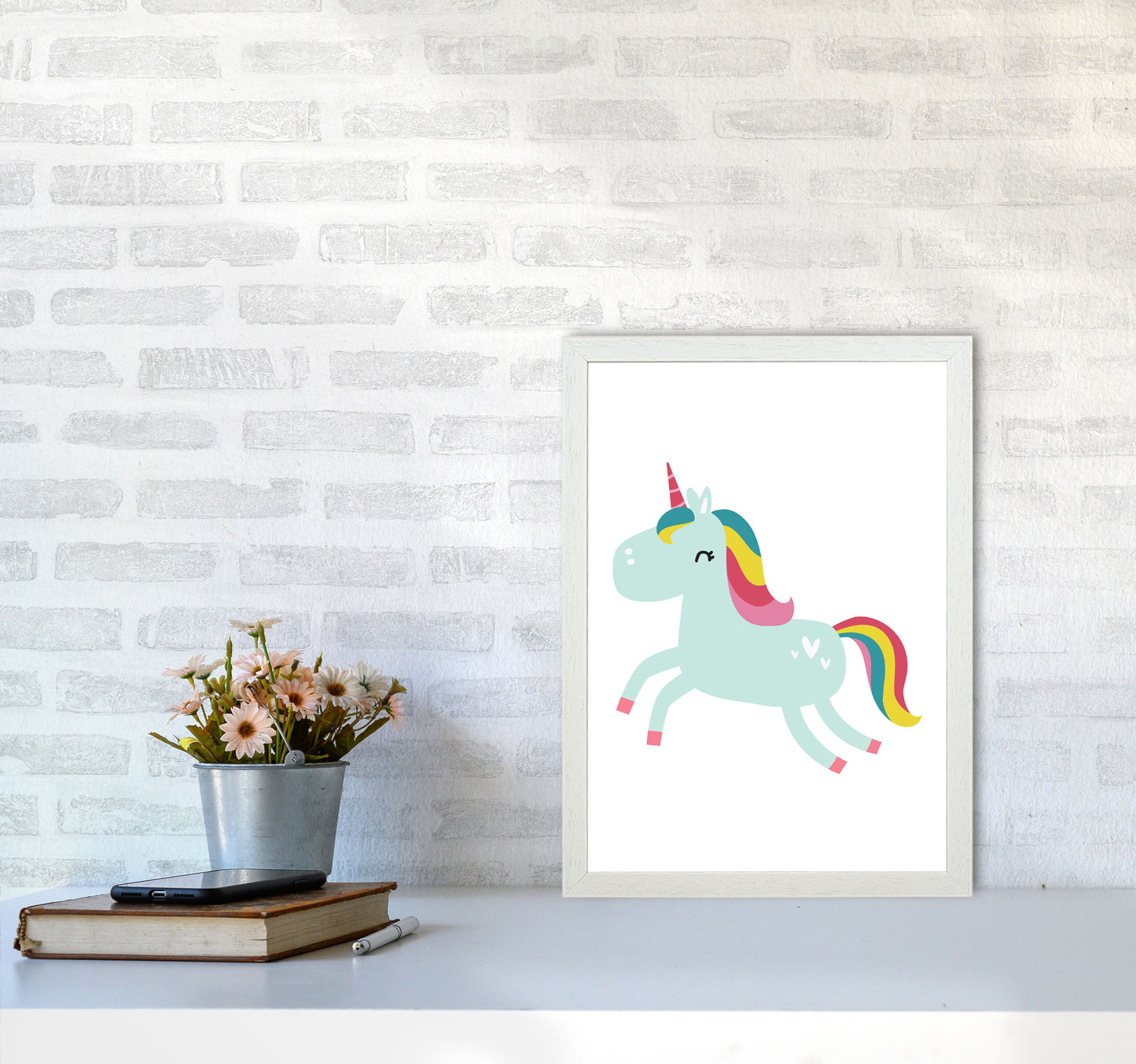 Children's Animals, Unicorn Modern Print A3 Oak Frame