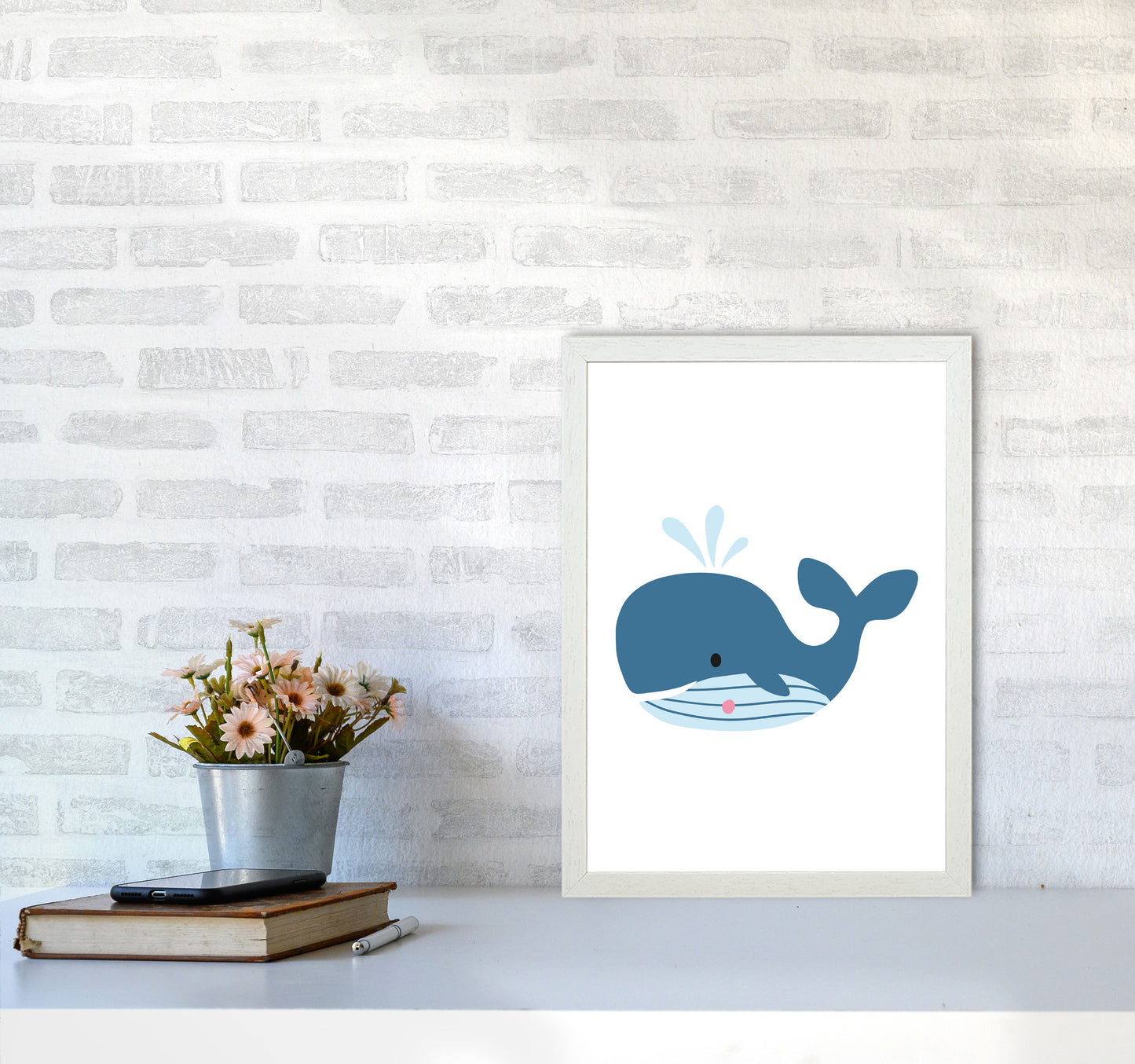 Children's Animals, Whale Modern Print A3 Oak Frame