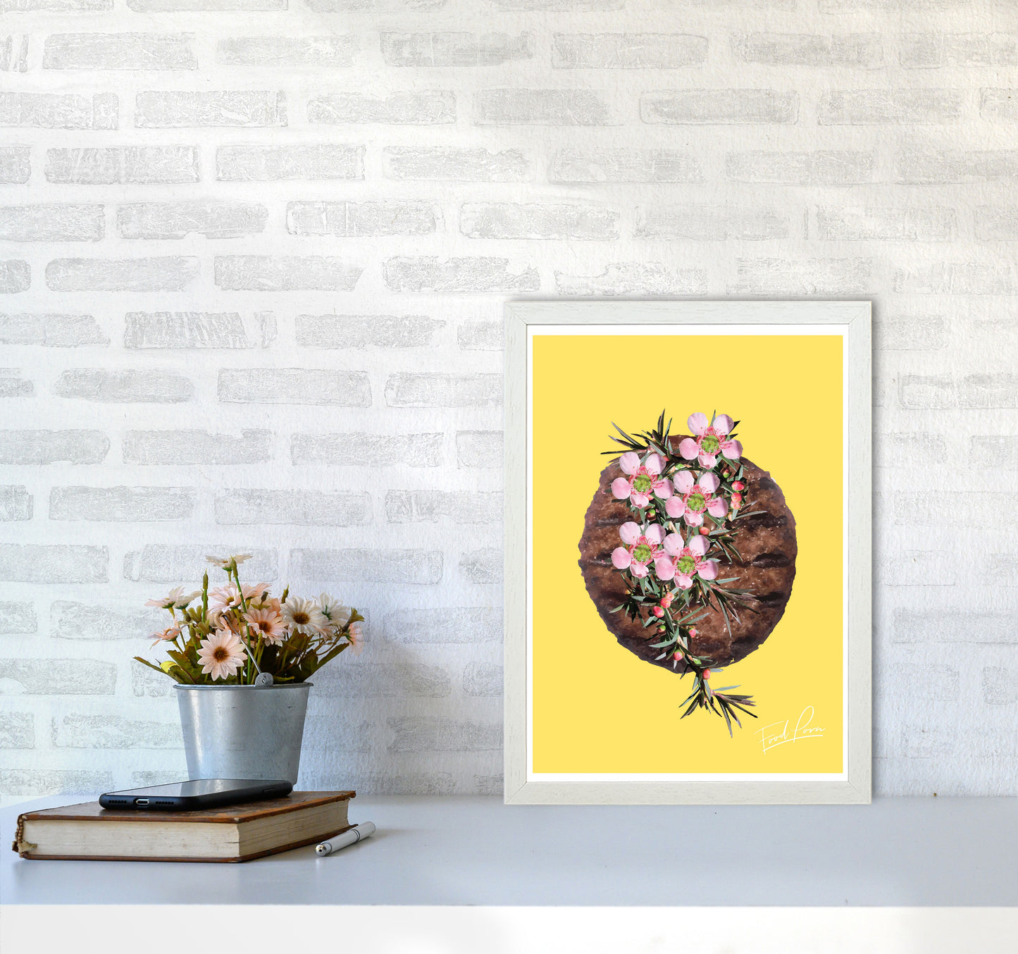 Yellow Burger Food Print, Framed Kitchen Wall Art A3 Oak Frame