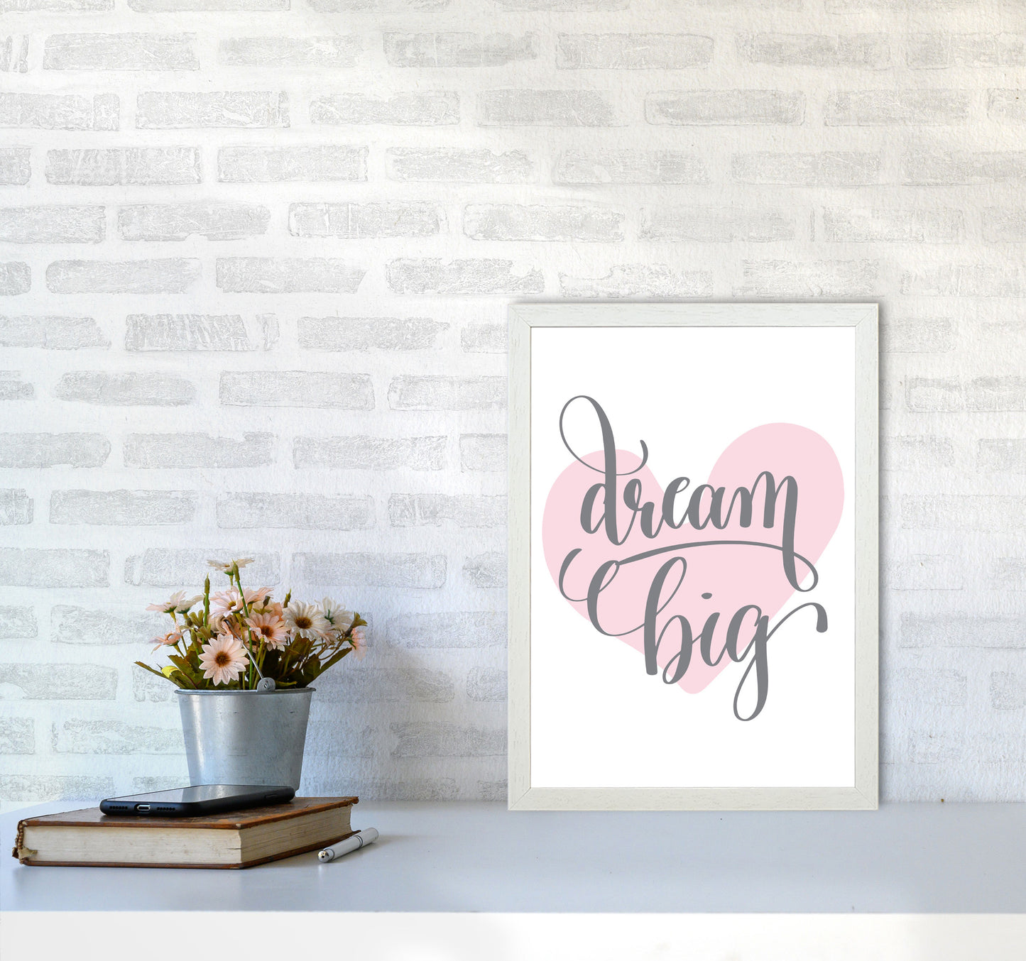 Dream Big Pink Heart Framed Nursey Wall Art Print A3 Oak Frame