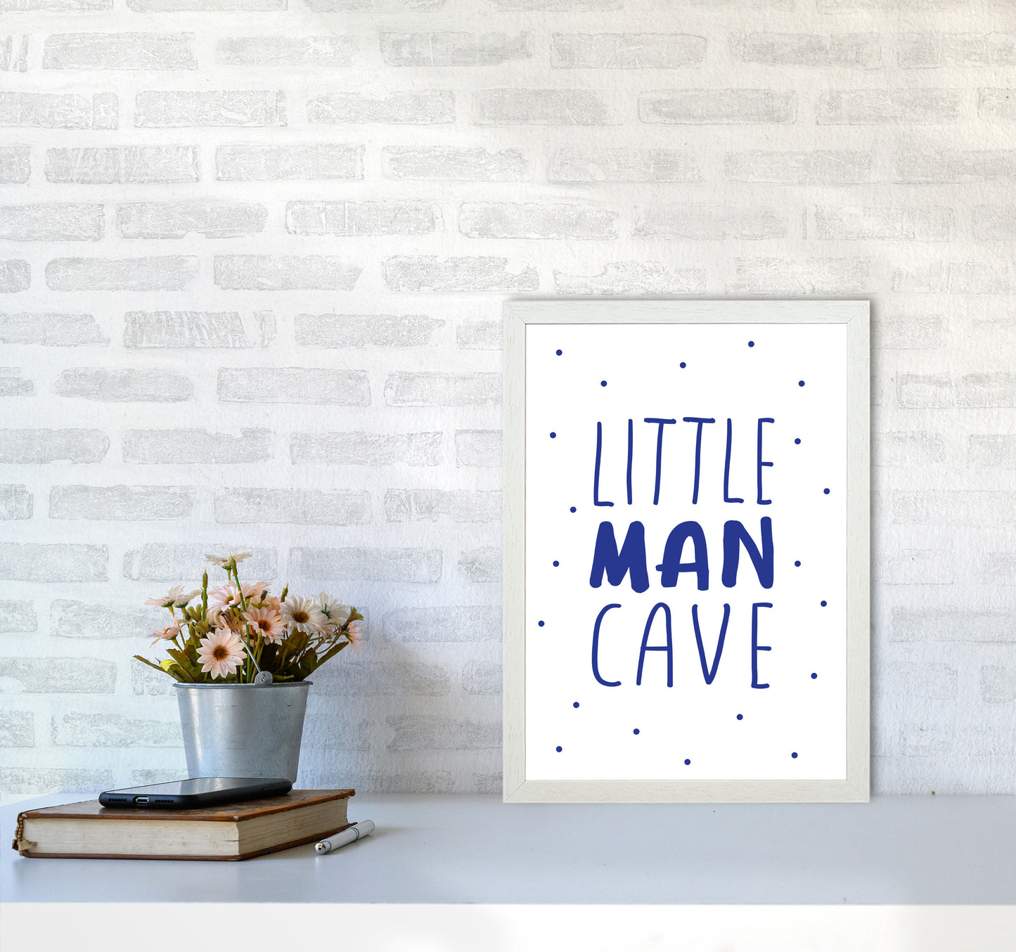 Little Man Cave Navy Dots Framed Nursey Wall Art Print A3 Oak Frame