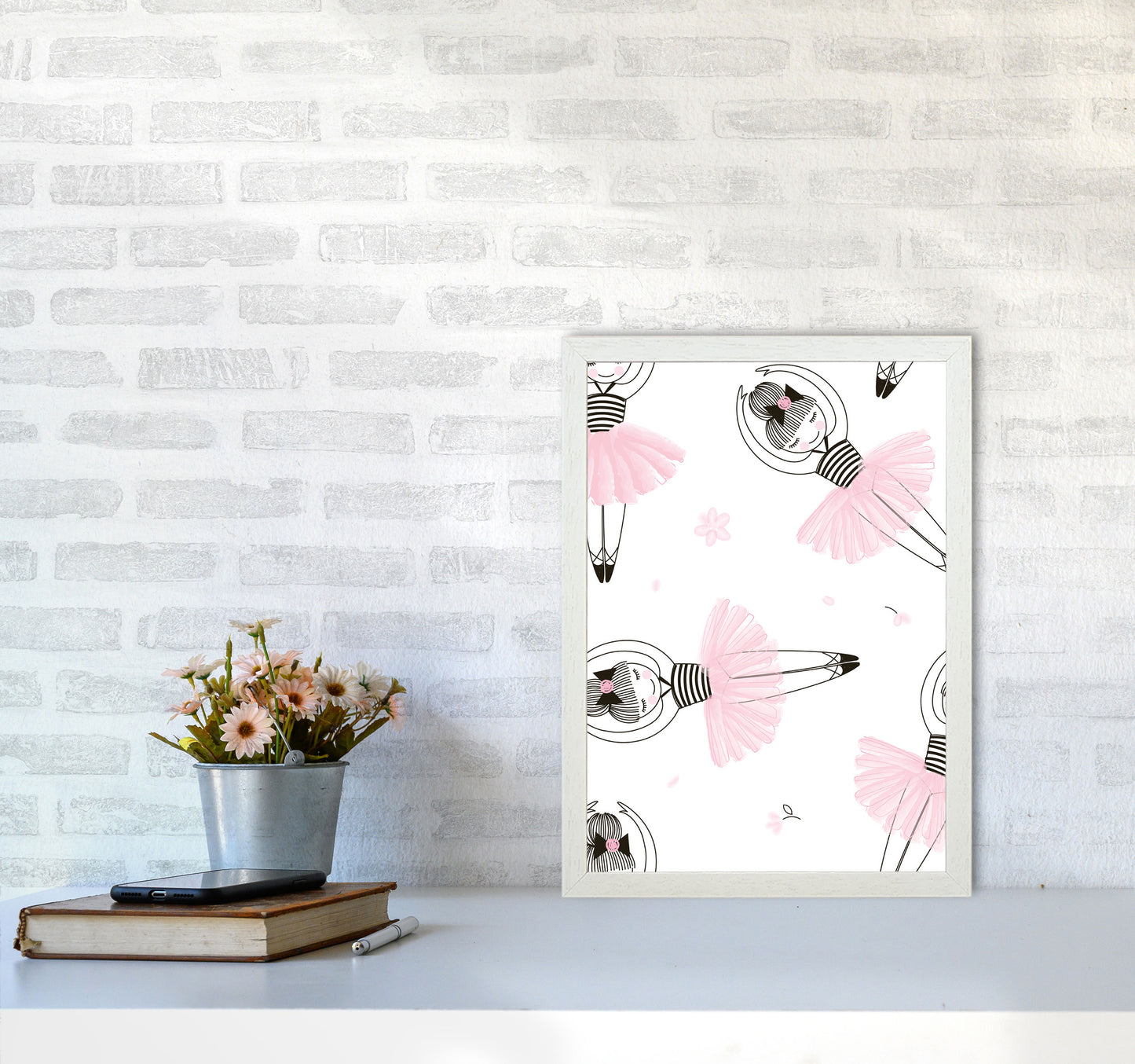 Ballerina Repeat Pattern Framed Nursey Wall Art Print A3 Oak Frame