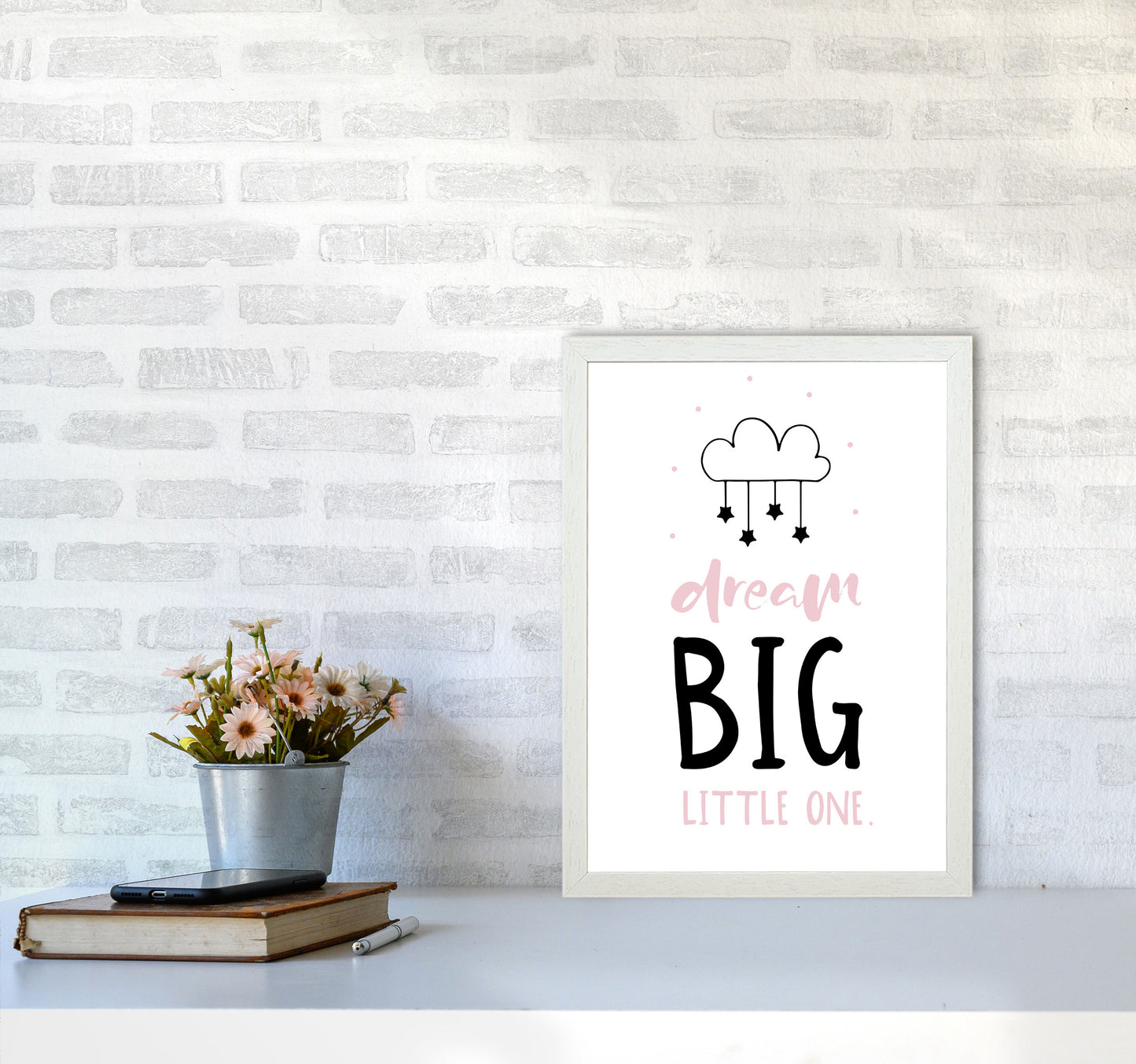 Dream Big Little One Pink And Black Framed Nursey Wall Art Print A3 Oak Frame