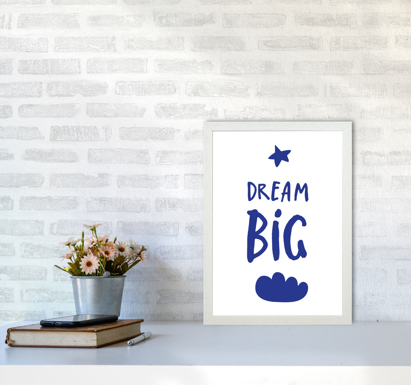 Dream Big Navy Framed Typography Wall Art Print A3 Oak Frame