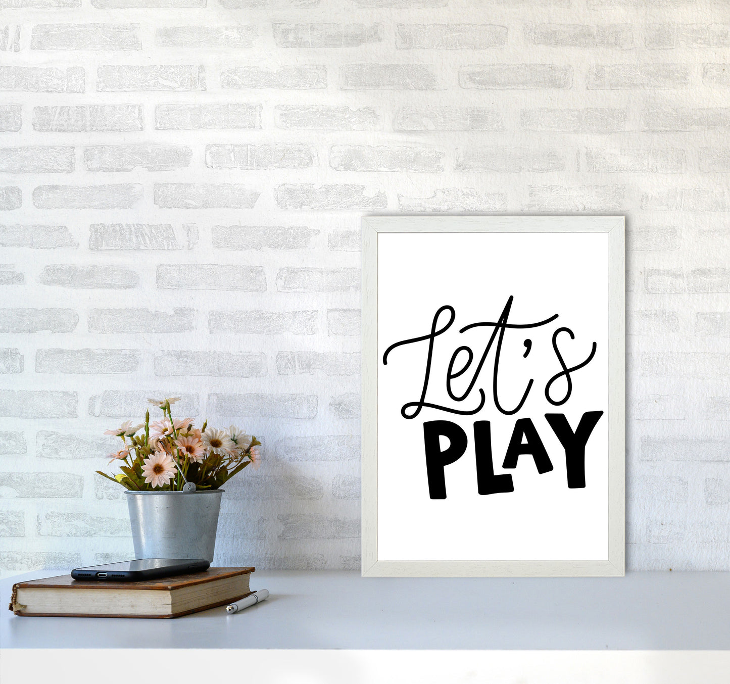 Let's Play Black Framed Typography Wall Art Print A3 Oak Frame
