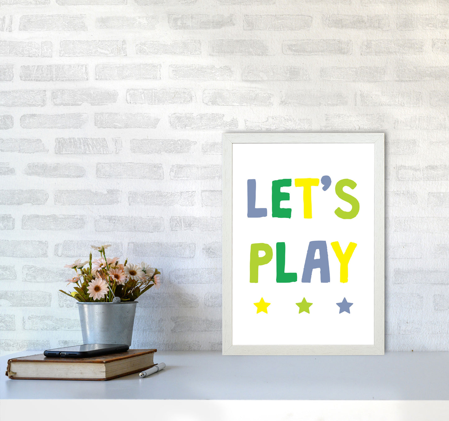Let's Play Greens Framed Nursey Wall Art Print A3 Oak Frame