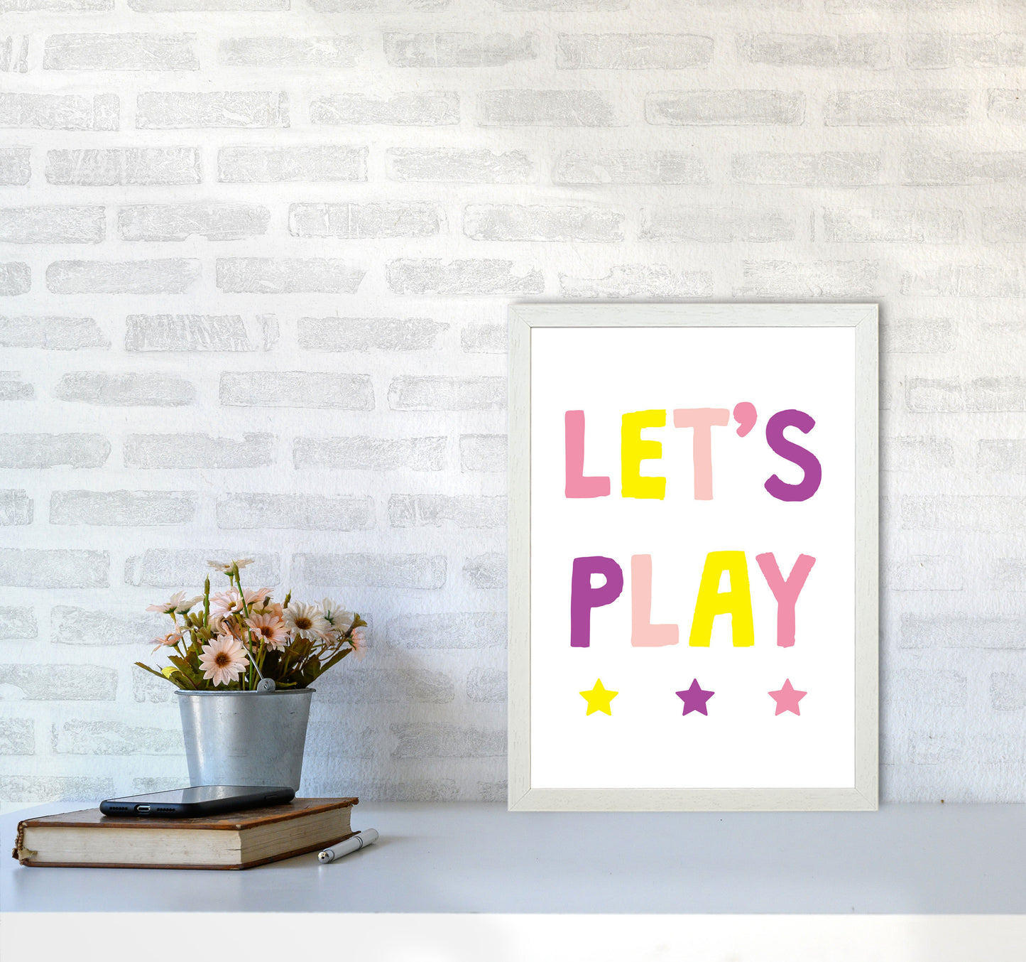 Let's Play Pinks Framed Nursey Wall Art Print A3 Oak Frame