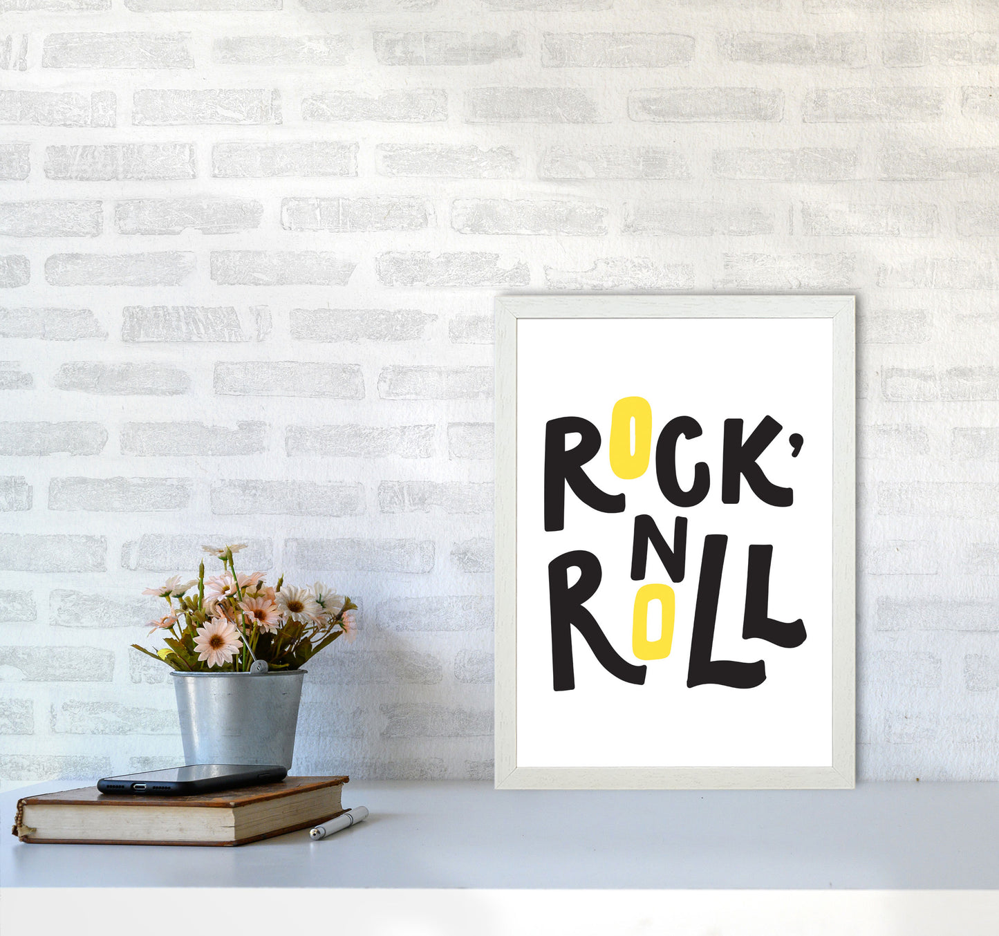 Rock 'N Roll Black And Yellow Modern Print A3 Oak Frame