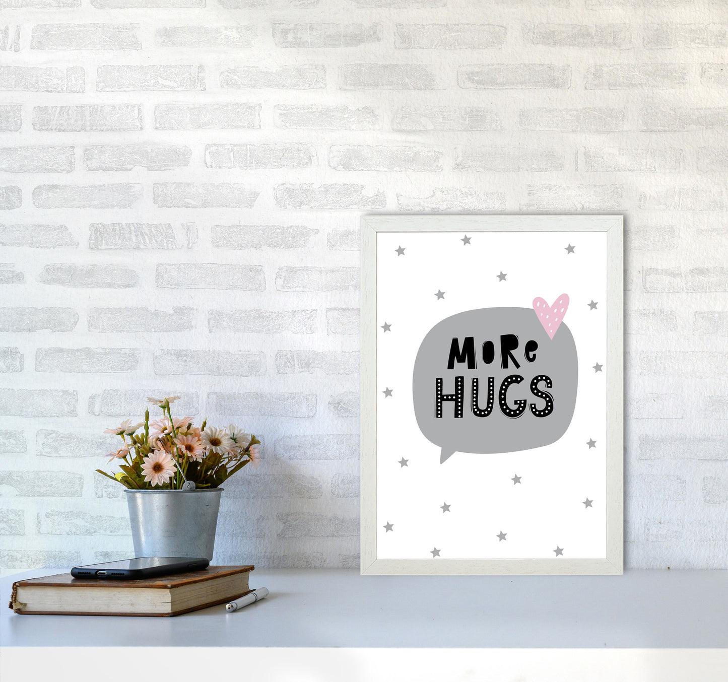 More Hugs Speech Bubble Framed Typography Wall Art Print A3 Oak Frame