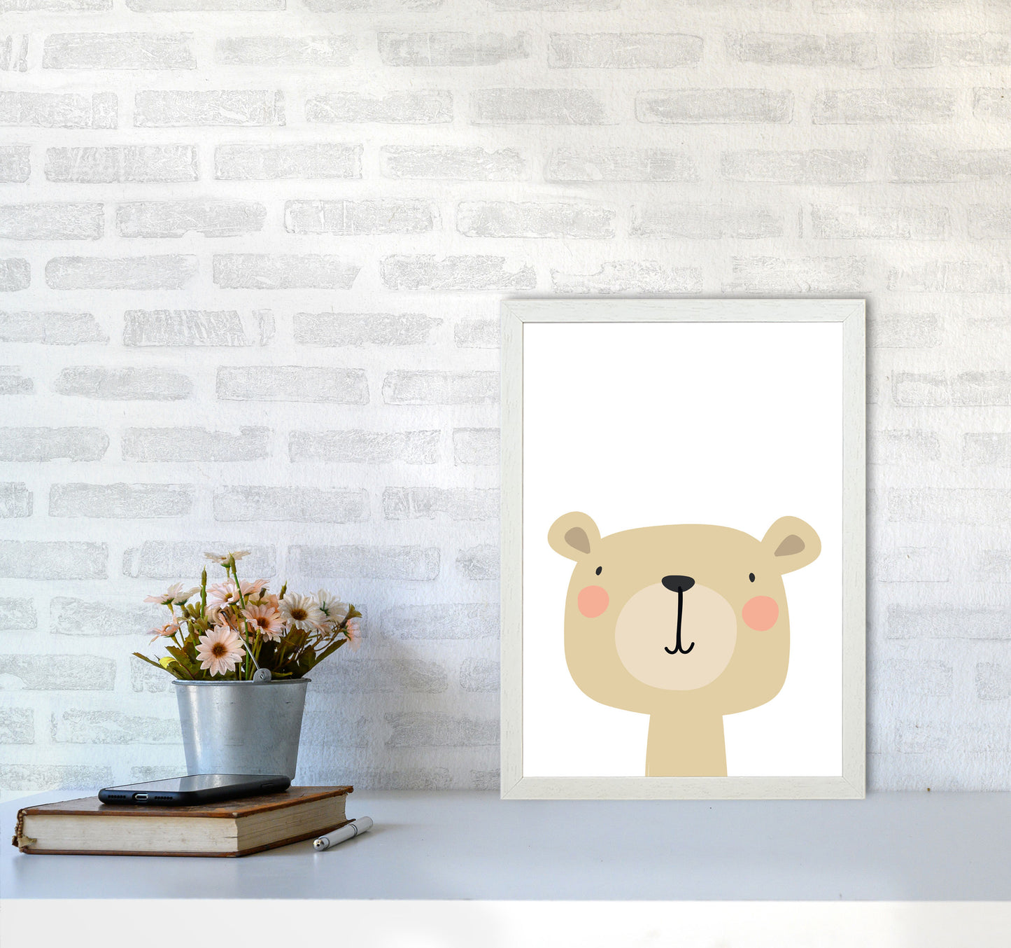 Beige Bear Modern Print Animal Art Print A3 Oak Frame