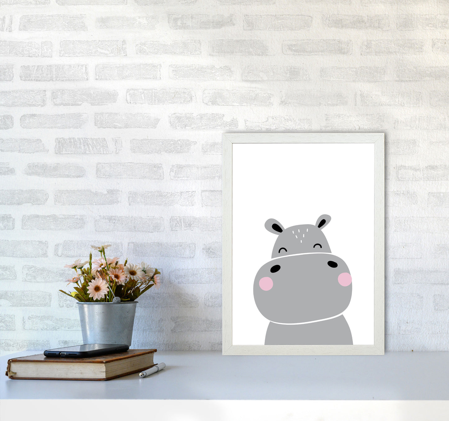 Scandi Hippo Framed Nursey Wall Art Print A3 Oak Frame