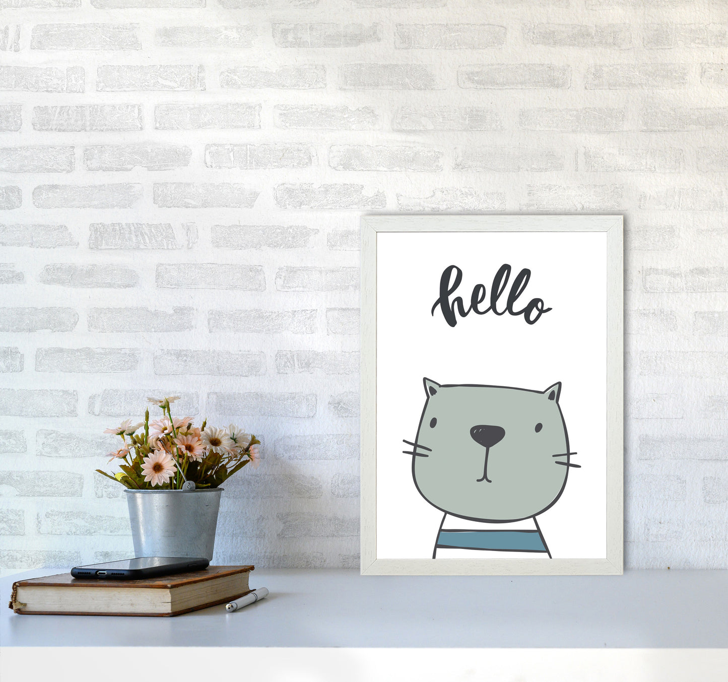 Hello Cat Modern Print Animal Art Print A3 Oak Frame