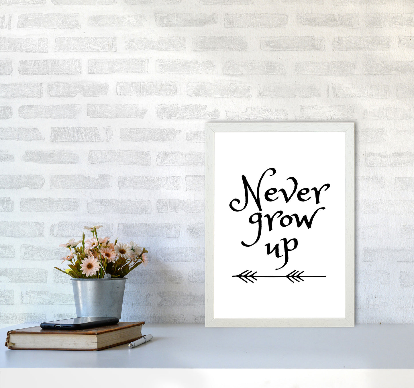 Never Grow Up Black Framed Nursey Wall Art Print A3 Oak Frame