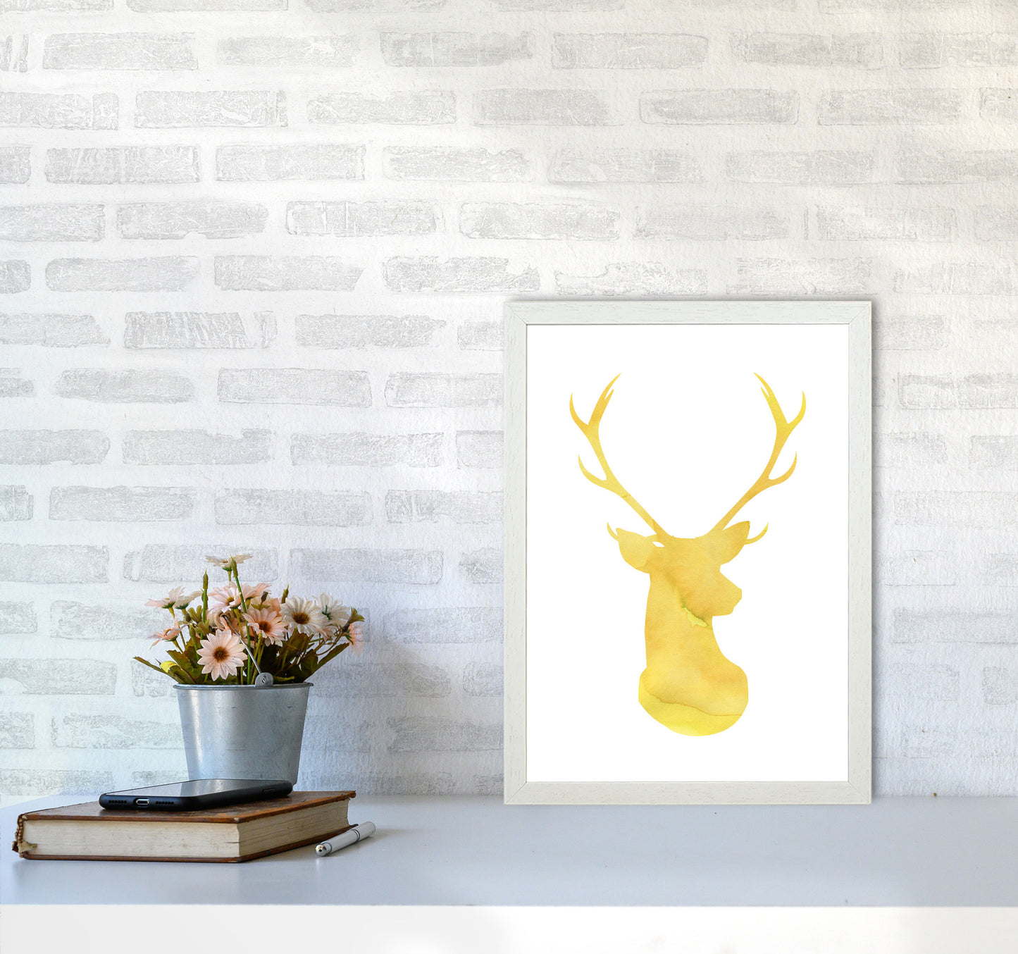 Stags Head Watercolour Modern Print Animal Art Print A3 Oak Frame