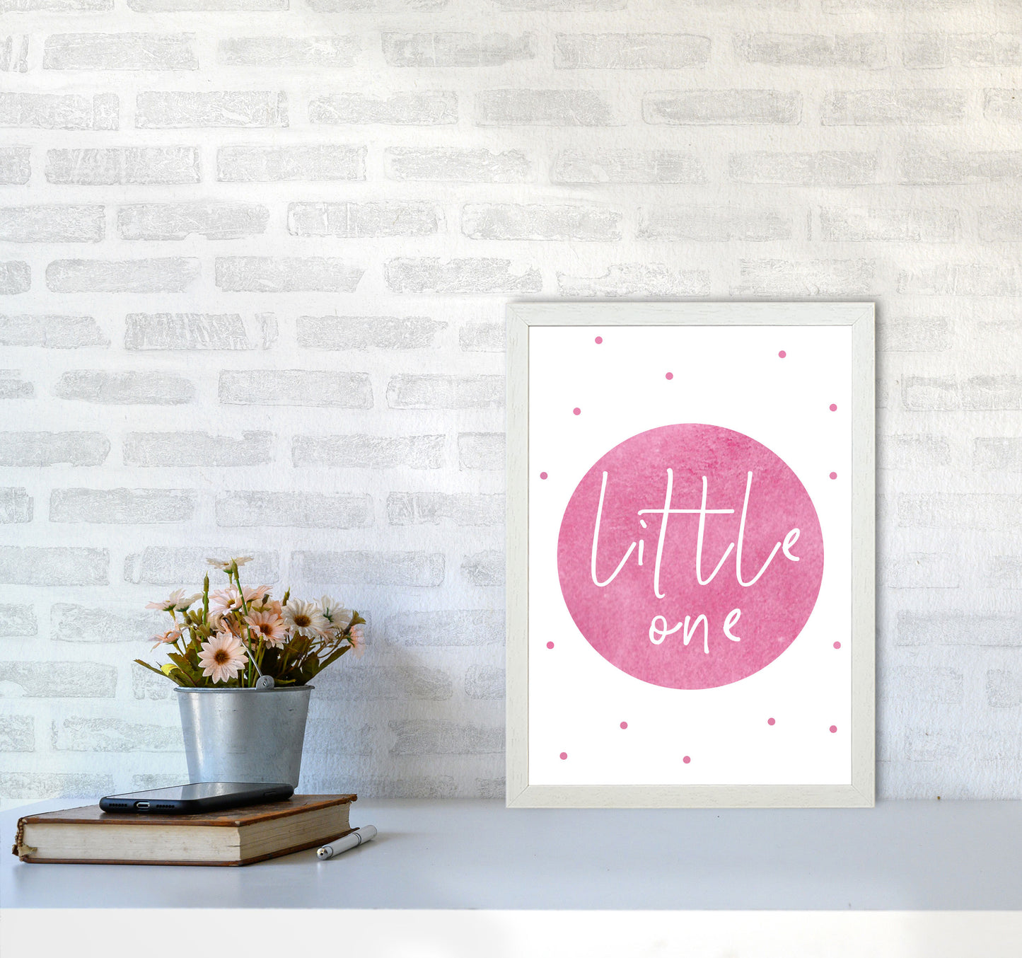 Little One Pink Watercolour Modern Print A3 Oak Frame