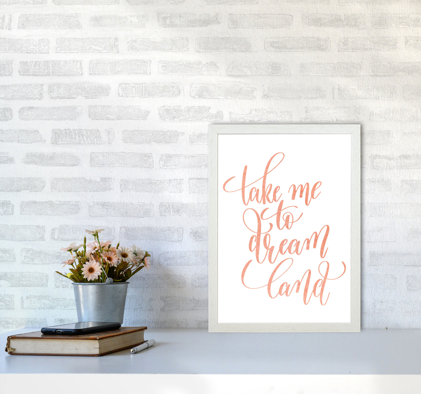 Take Me To Dreamland Peach Watercolour Modern Print A3 Oak Frame
