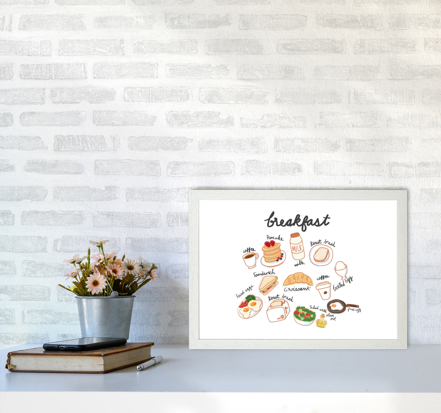 Breakfast Collection Landscape Modern Print, Framed Kitchen Wall Art A3 Oak Frame