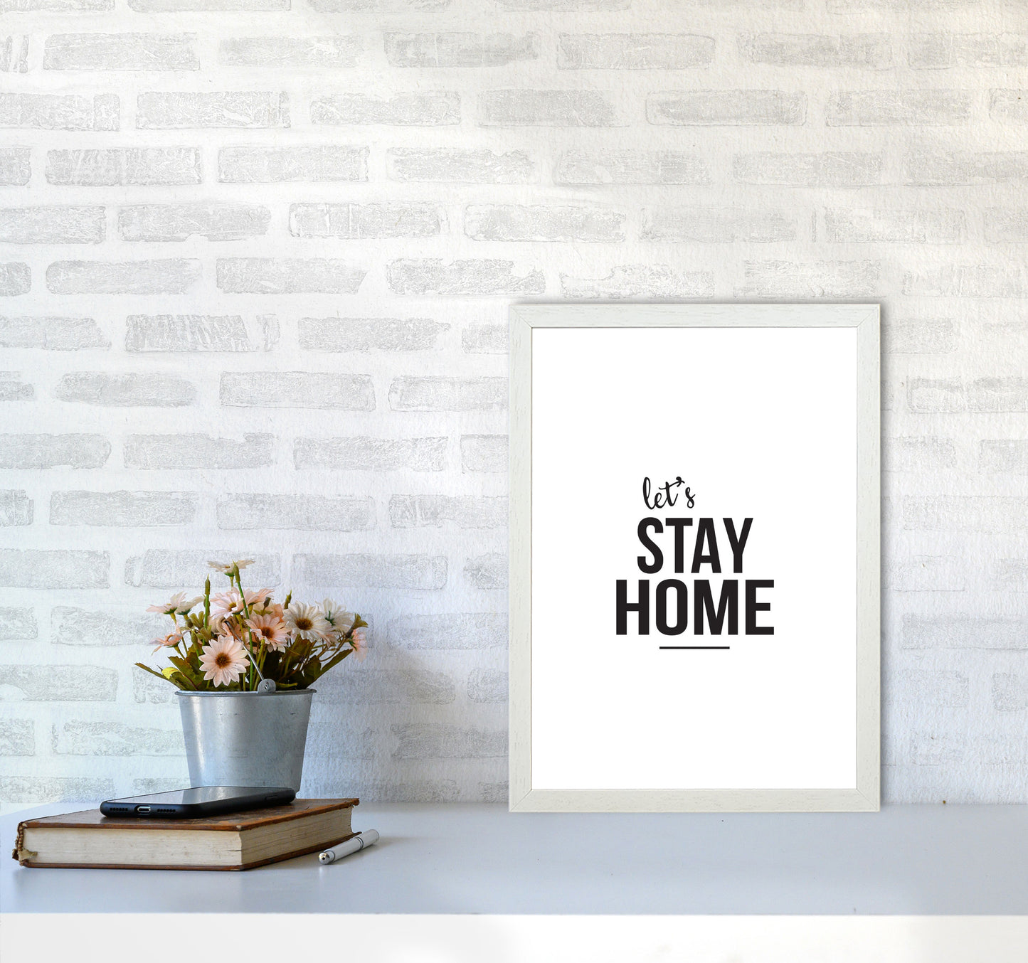Let's Stay Home Framed Typography Wall Art Print A3 Oak Frame