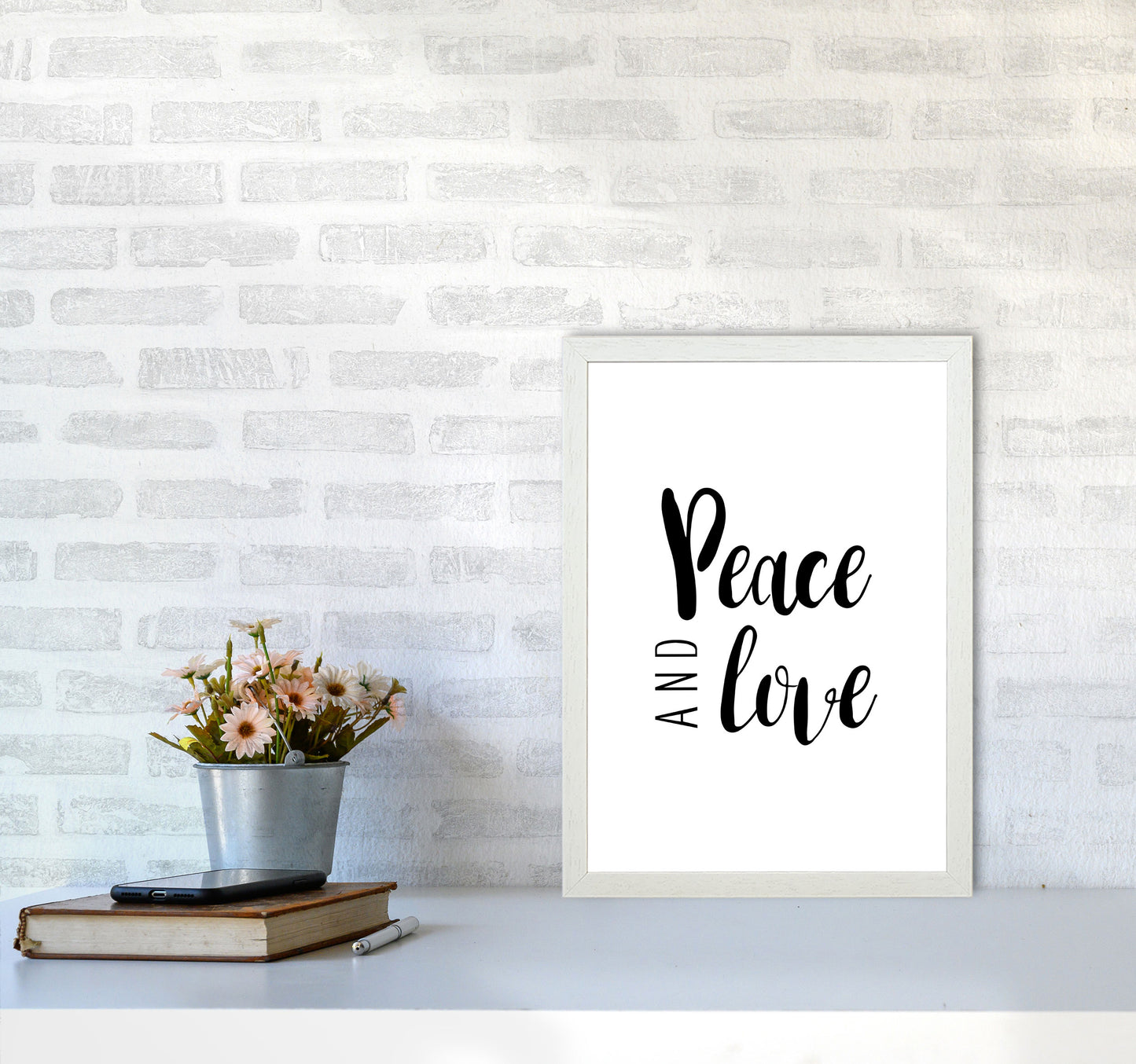 Peace And Love Framed Typography Wall Art Print A3 Oak Frame