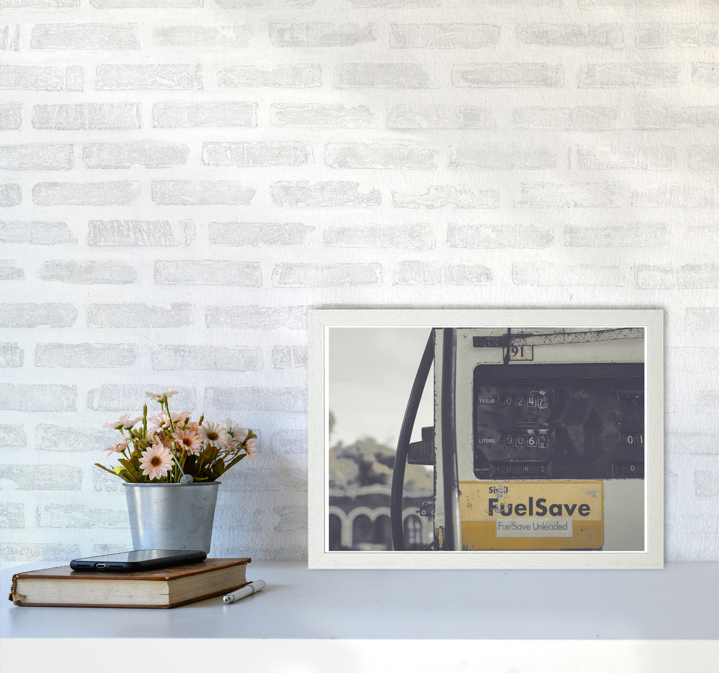 Yellow Fuel Save Gas Pump Modern Print A3 Oak Frame